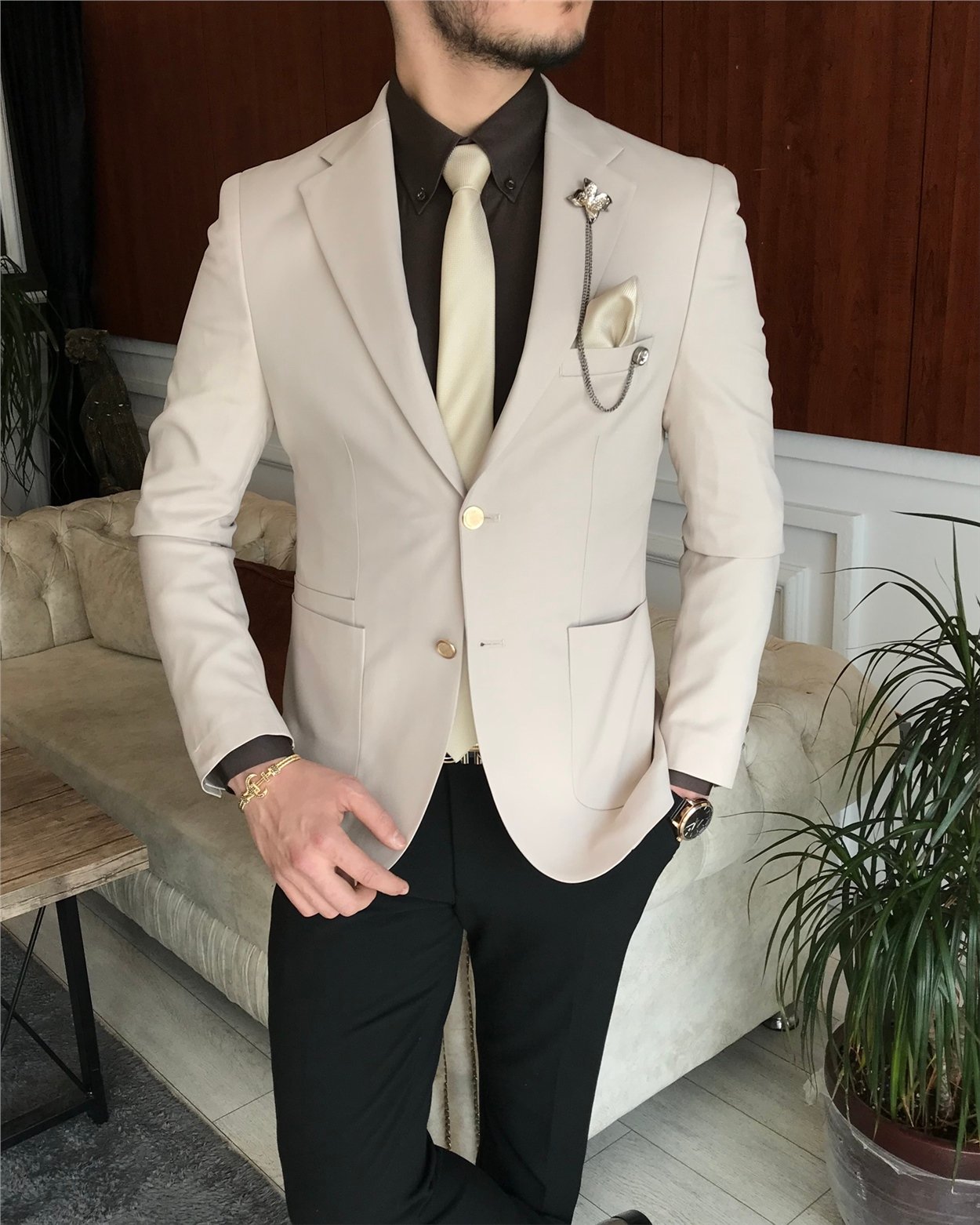 İtalyan stil erkek slim fit blazer tek ceket Krem T7235