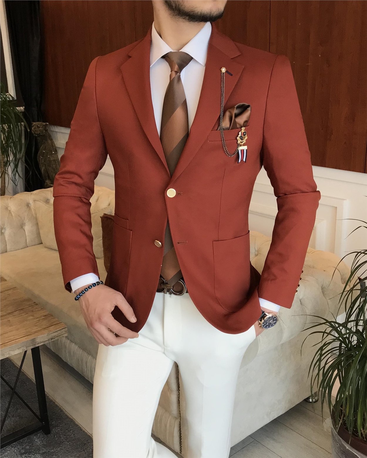 İtalyan stil erkek slim fit blazer tek ceket Kiremit T7236