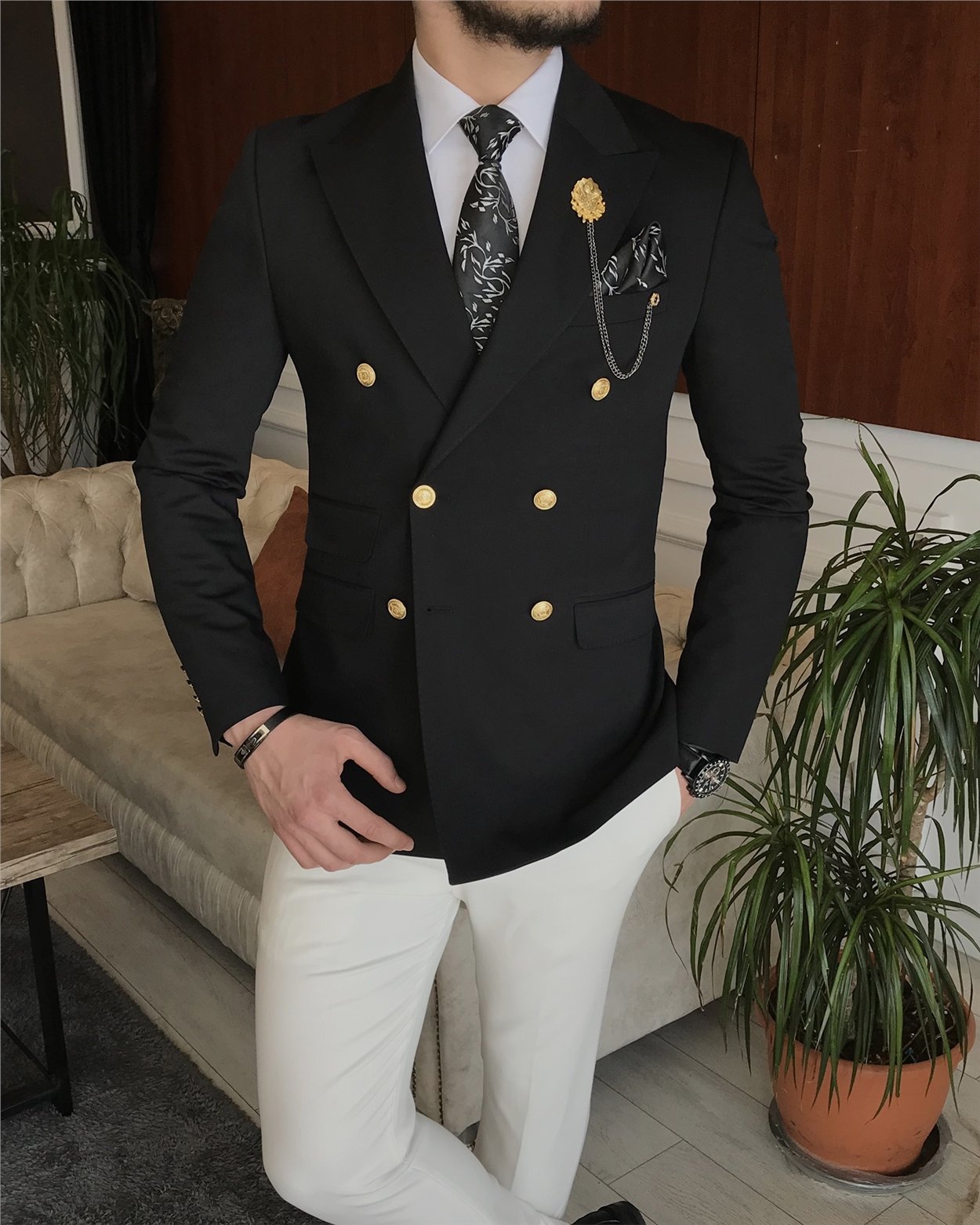 İtalyan stil erkek slim fit blazer tek ceket siyah T6152