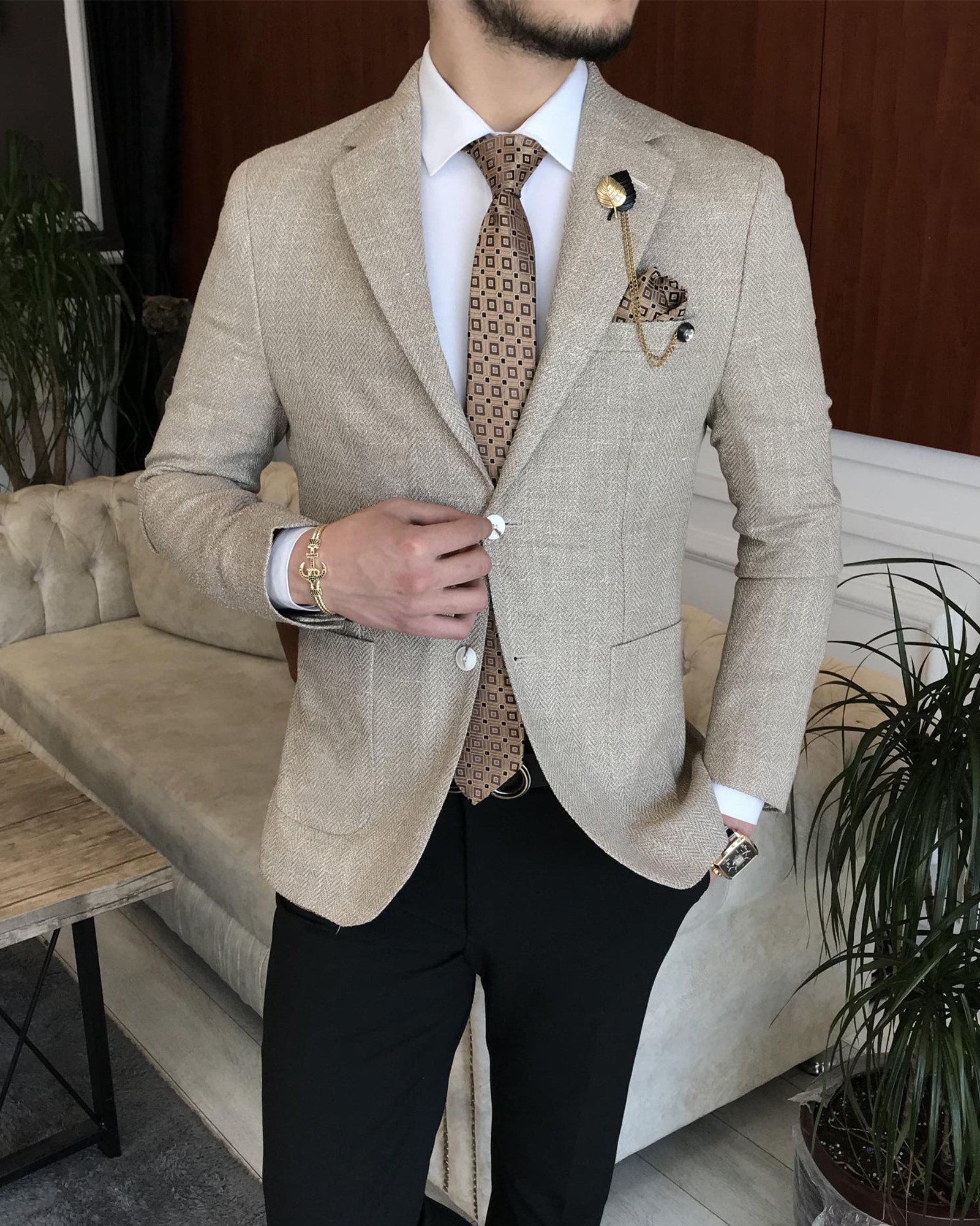 İtalyan stil erkek slim fit blazer tek ceket Kahverengi T7226