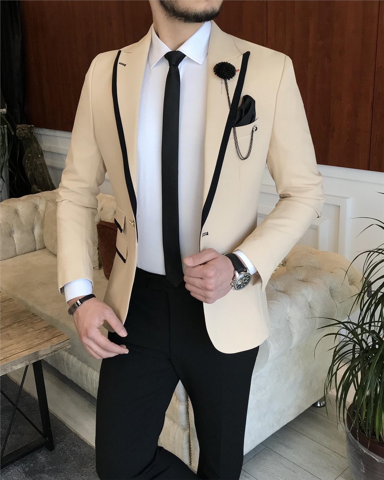 İtalyan stil erkek slim fit blazer tek ceket Krem T7229