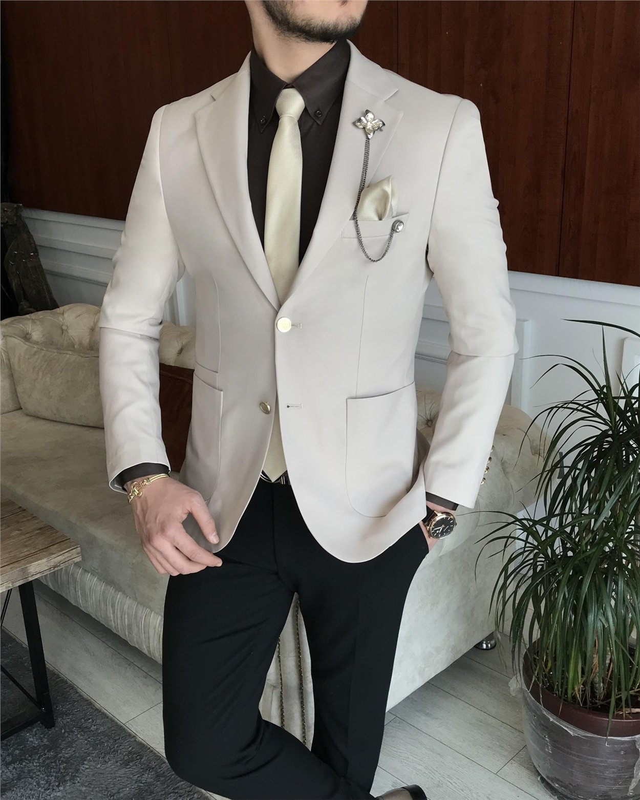 İtalyan stil erkek slim fit blazer tek ceket Krem T7235