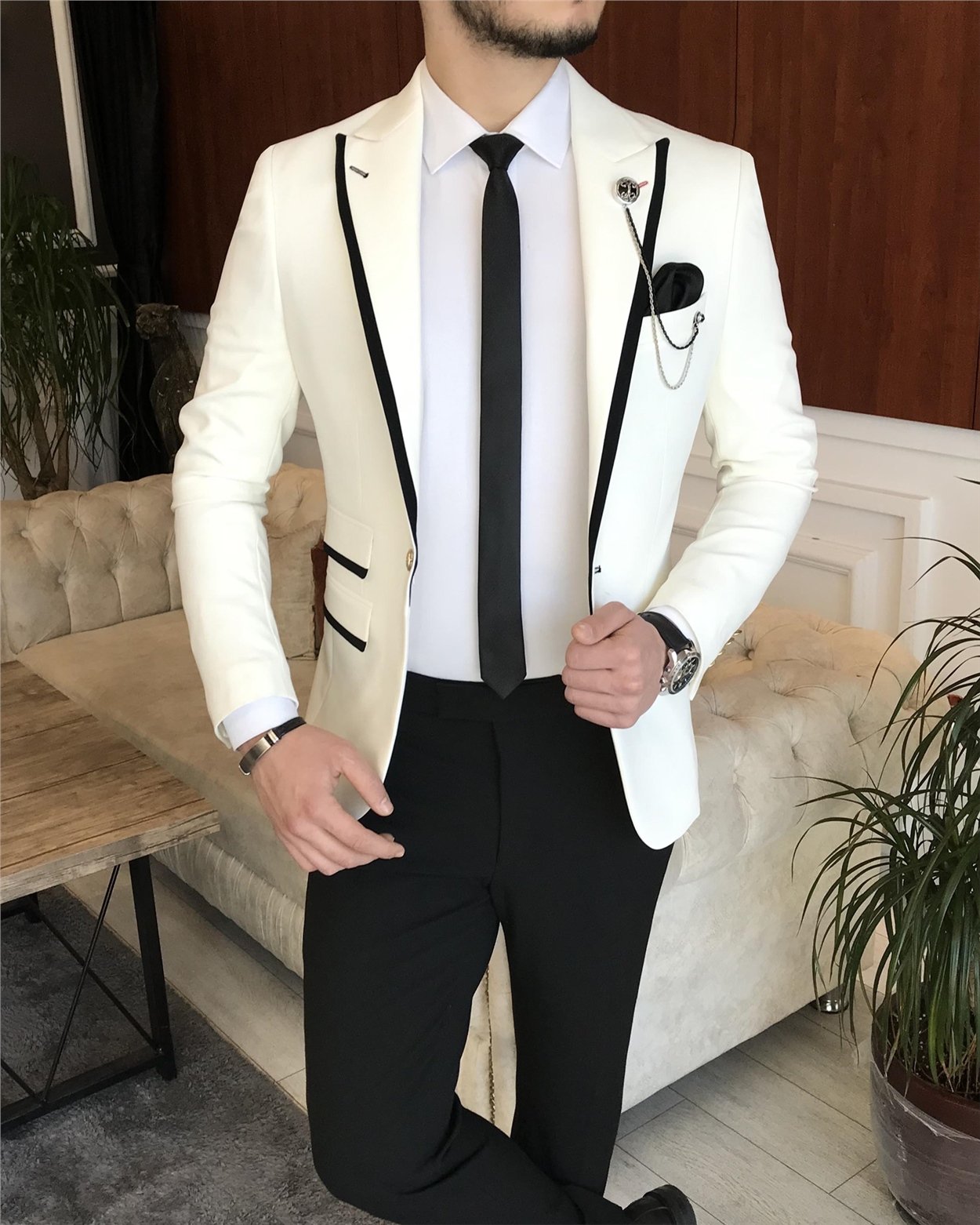 İtalyan stil erkek slim fit blazer tek ceket Kırık Beyaz T7230