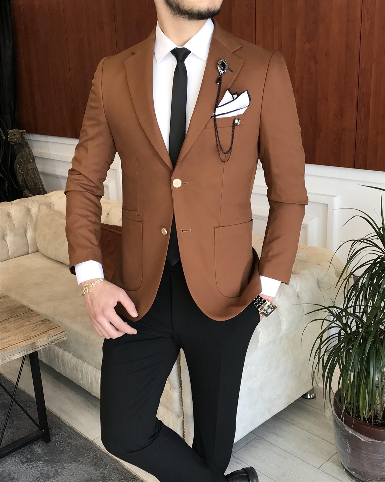 İtalyan stil erkek slim fit blazer tek ceket Kahverengi T7232