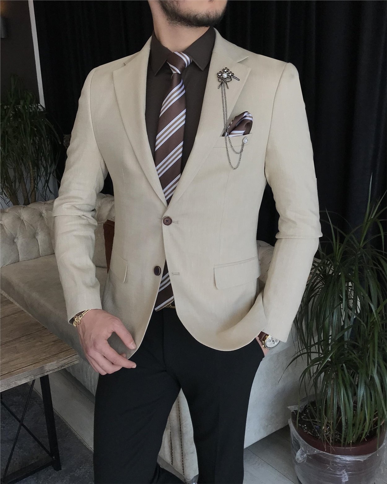 İtalyan stil erkek slim fit blazer tek ceket Bej T7222