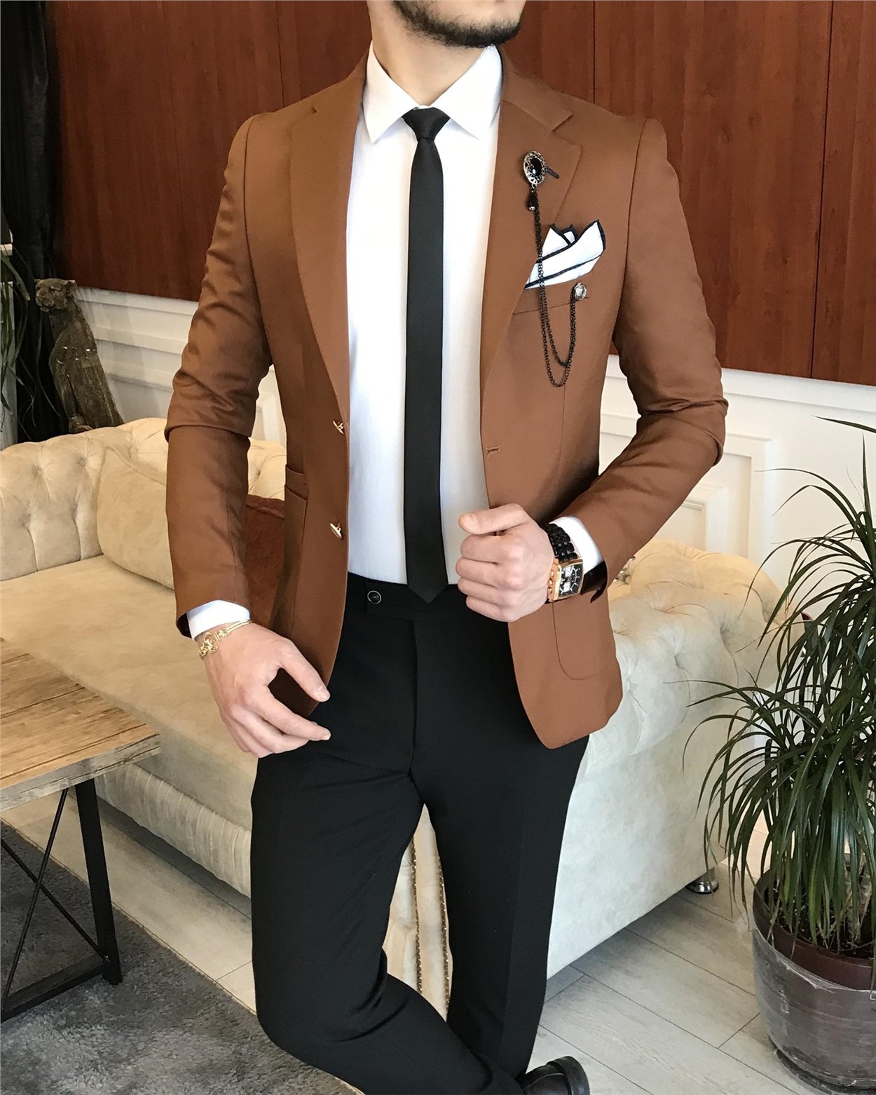 İtalyan stil erkek slim fit blazer tek ceket Kahverengi T7232