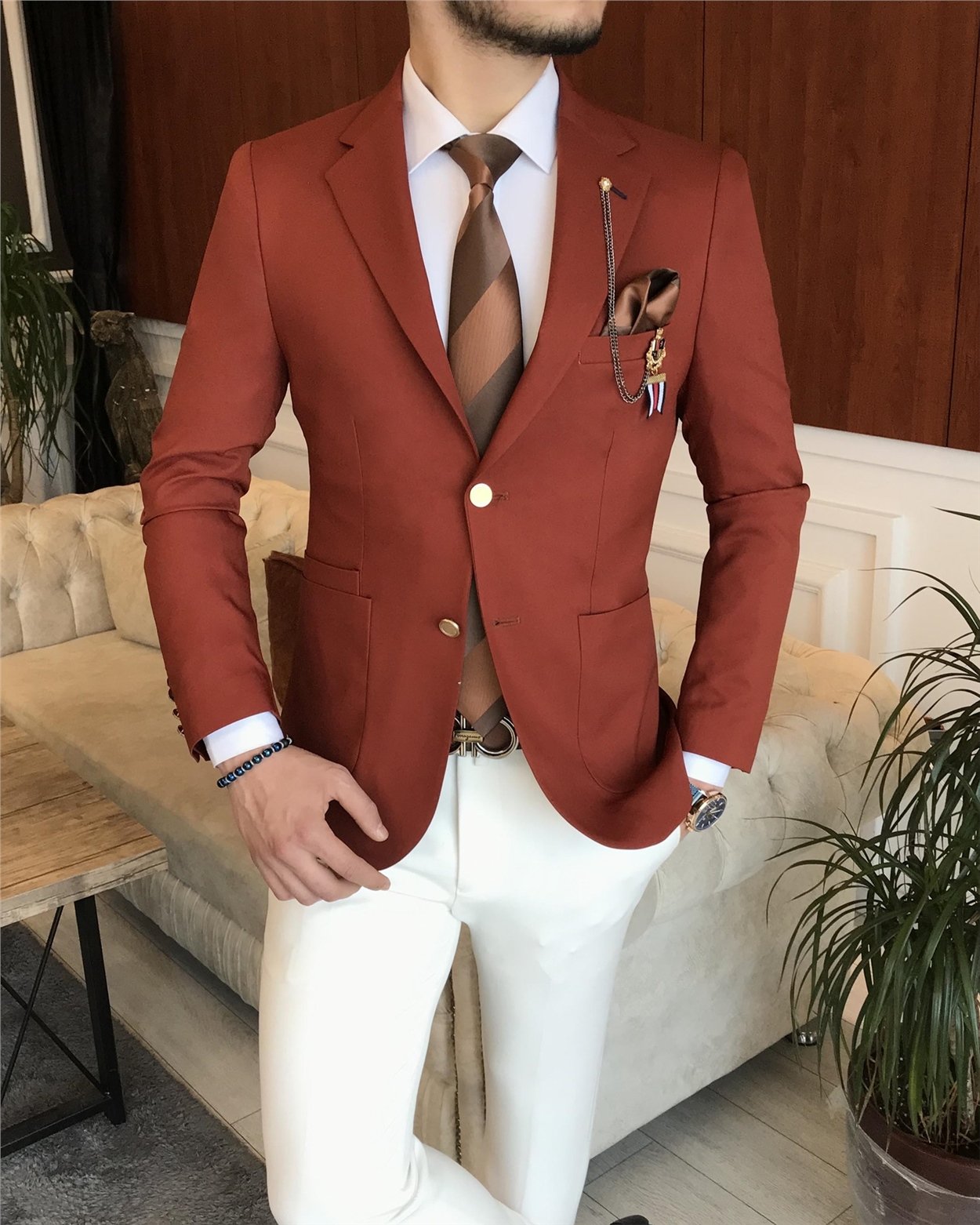 İtalyan stil erkek slim fit blazer tek ceket Kiremit T7236