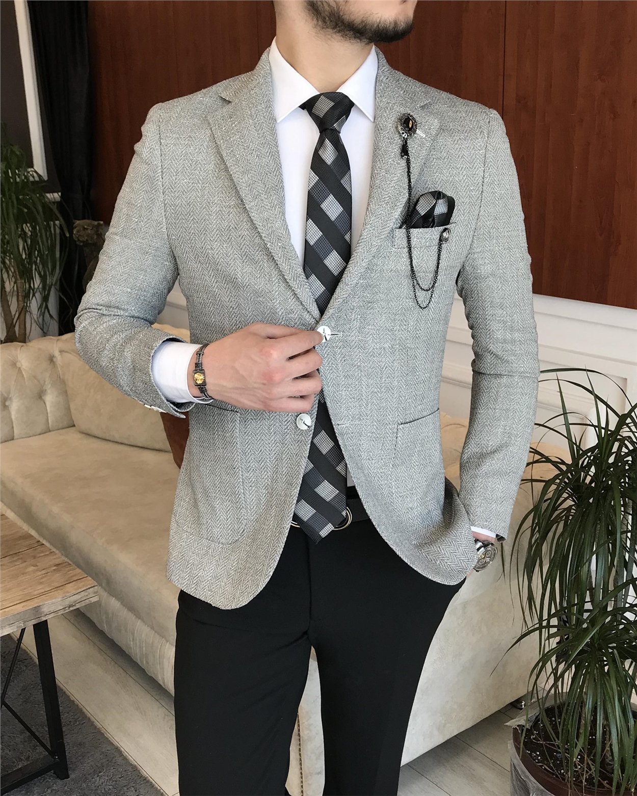 İtalyan stil erkek slim fit blazer tek ceket Gri T7227