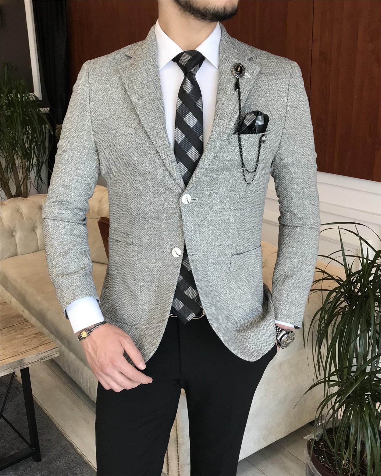 İtalyan stil erkek slim fit blazer tek ceket Gri T7227