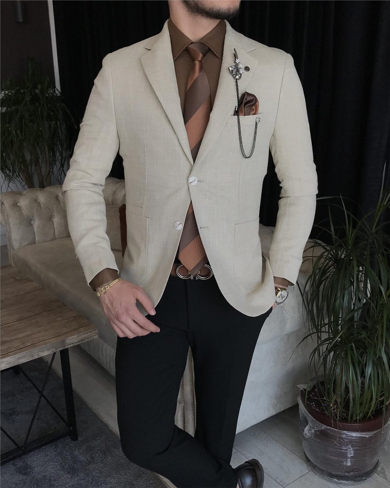 İtalyan stil erkek slim fit blazer tek ceket Krem T7235