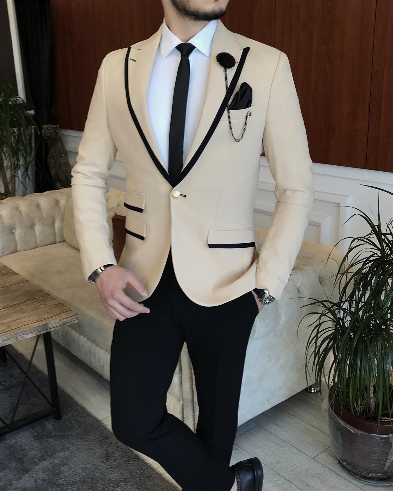İtalyan stil erkek slim fit blazer tek ceket Krem T7229