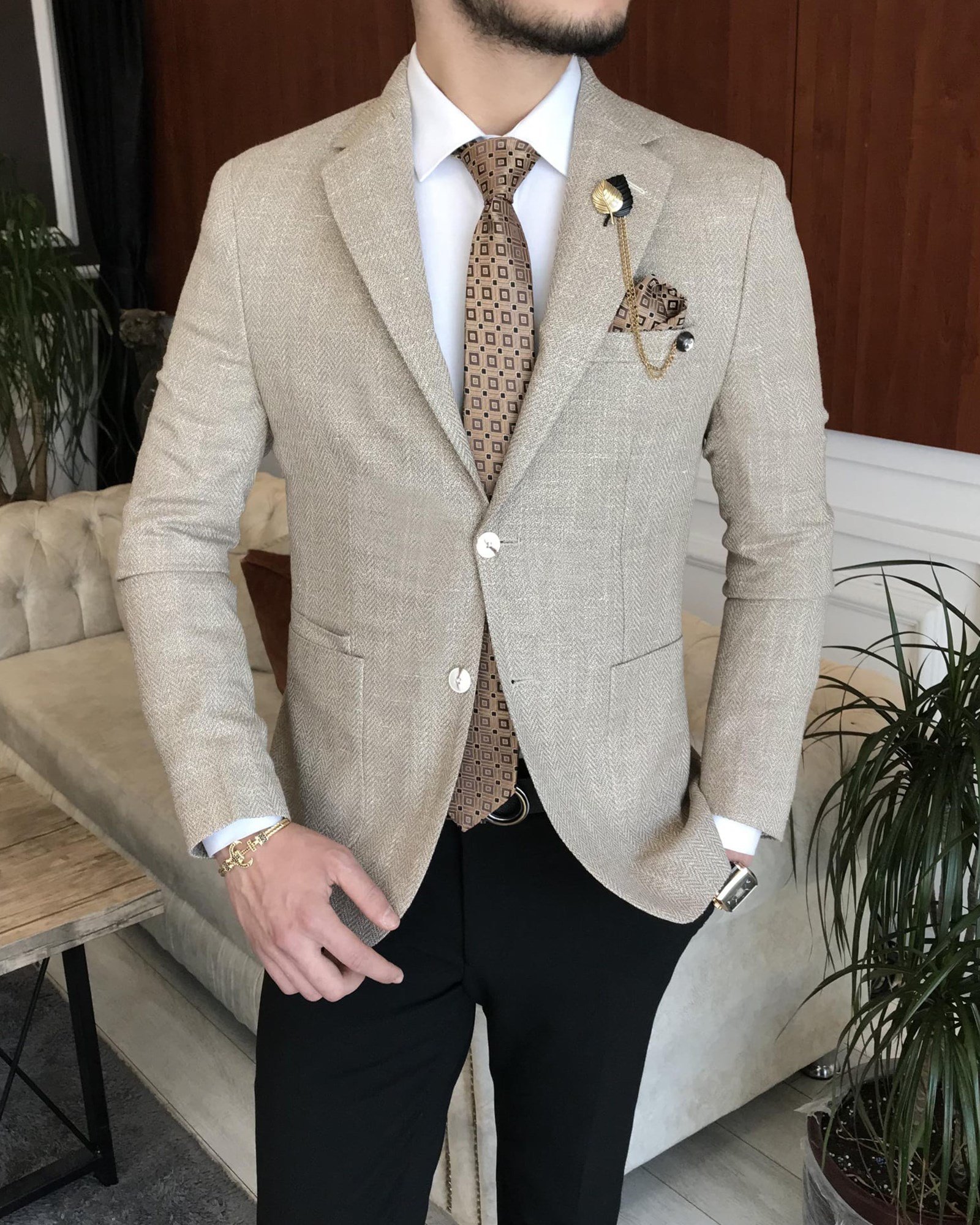İtalyan stil erkek slim fit blazer tek ceket Kahverengi T7226