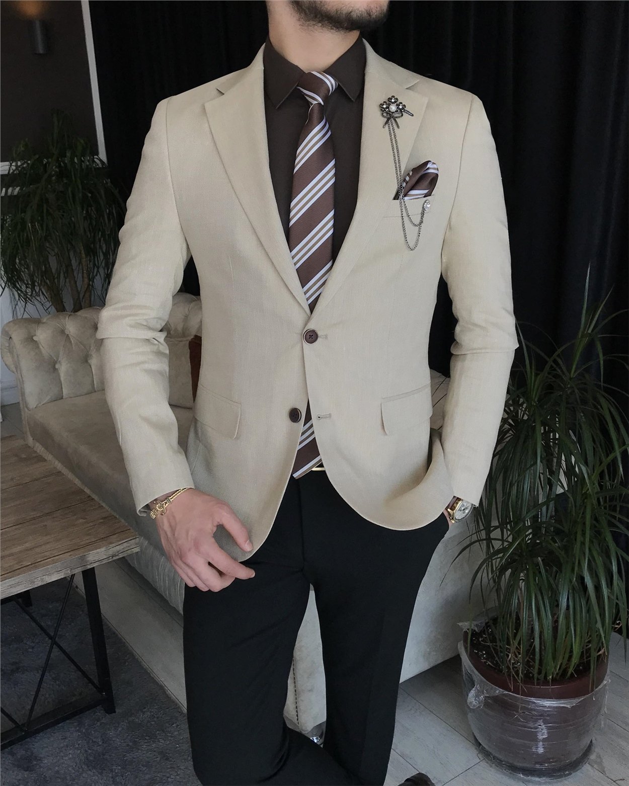 İtalyan stil erkek slim fit blazer tek ceket Bej T7222
