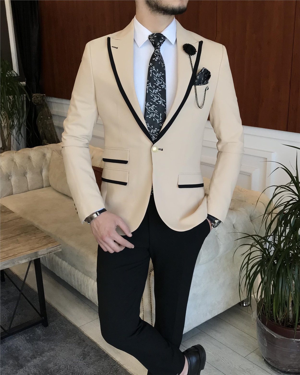 İtalyan stil erkek slim fit blazer tek ceket Krem T7229