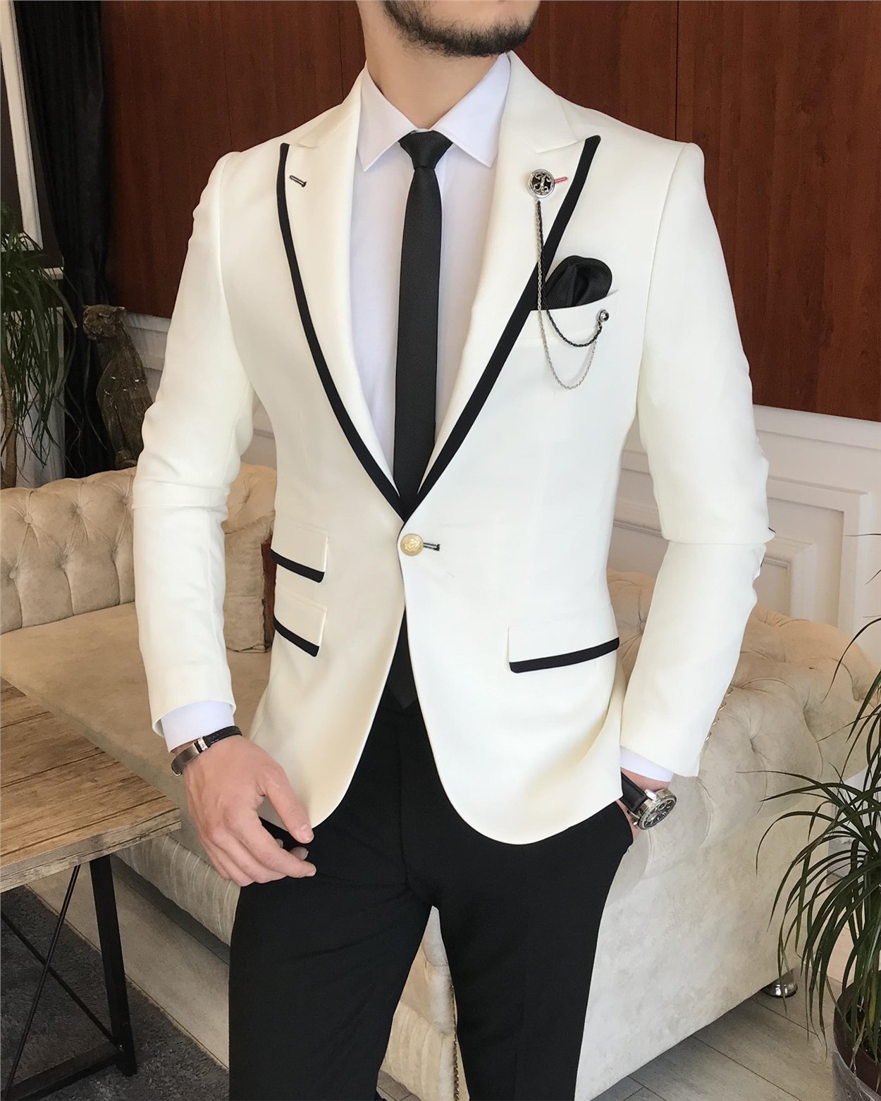 İtalyan stil erkek slim fit blazer tek ceket Kırık Beyaz T7230