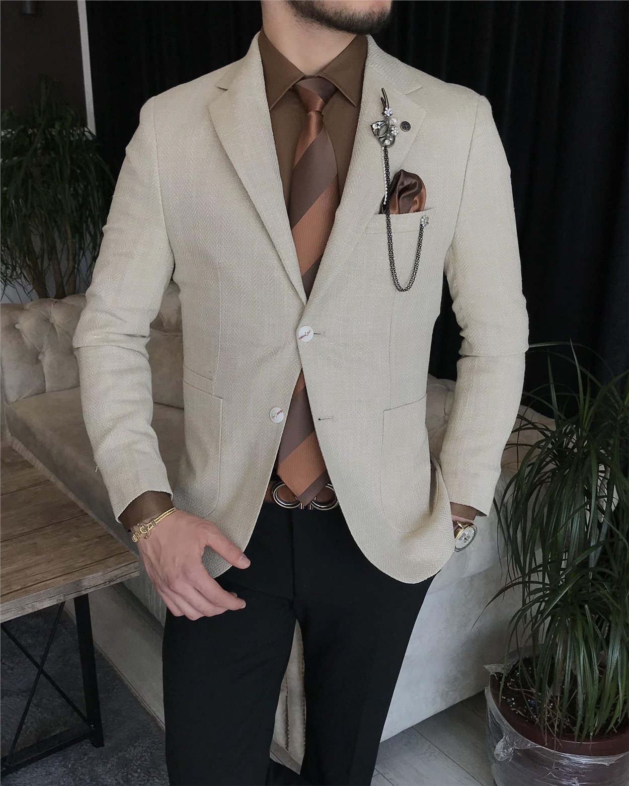 İtalyan stil erkek slim fit blazer tek ceket Krem T7235