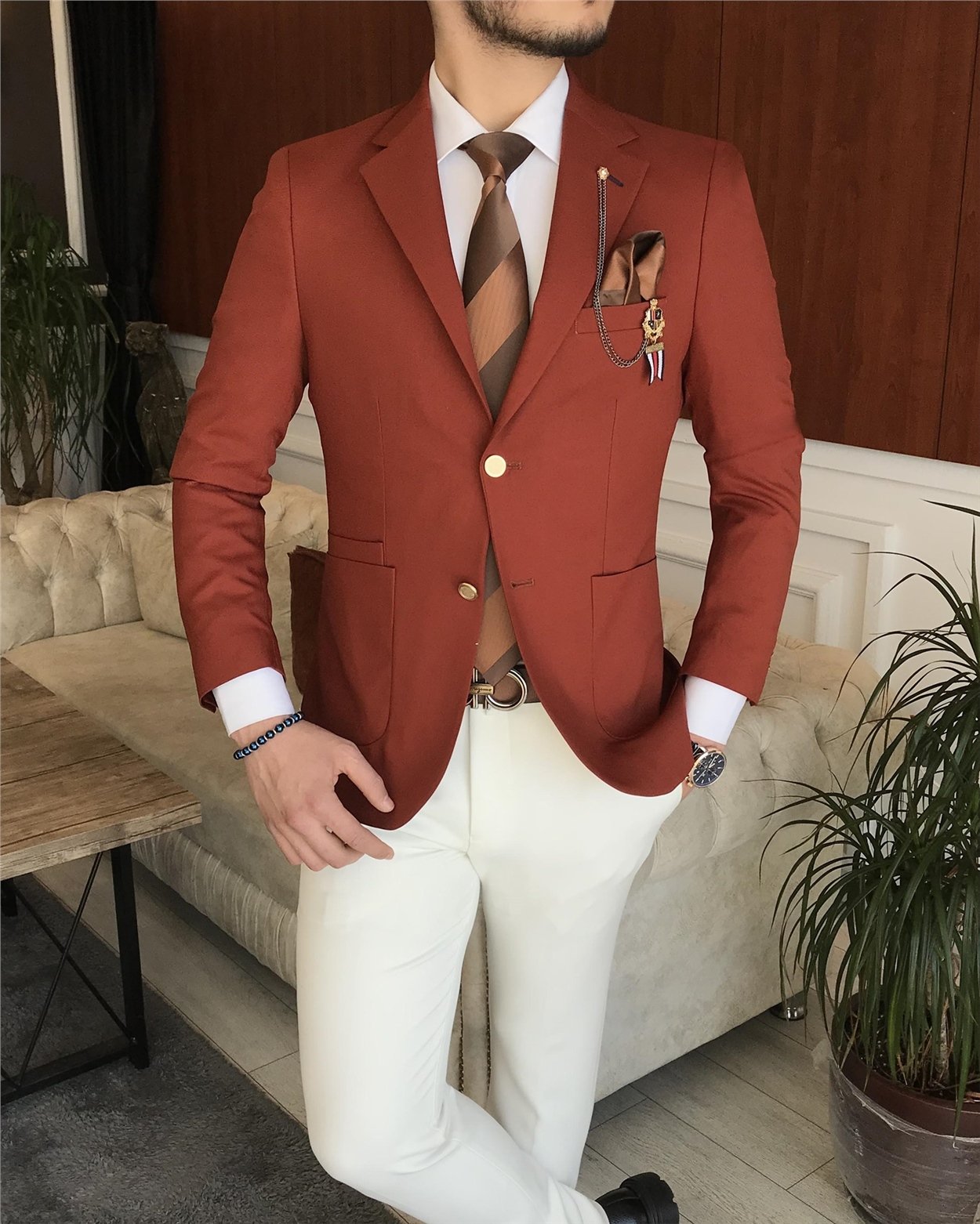 İtalyan stil erkek slim fit blazer tek ceket Kiremit T7236