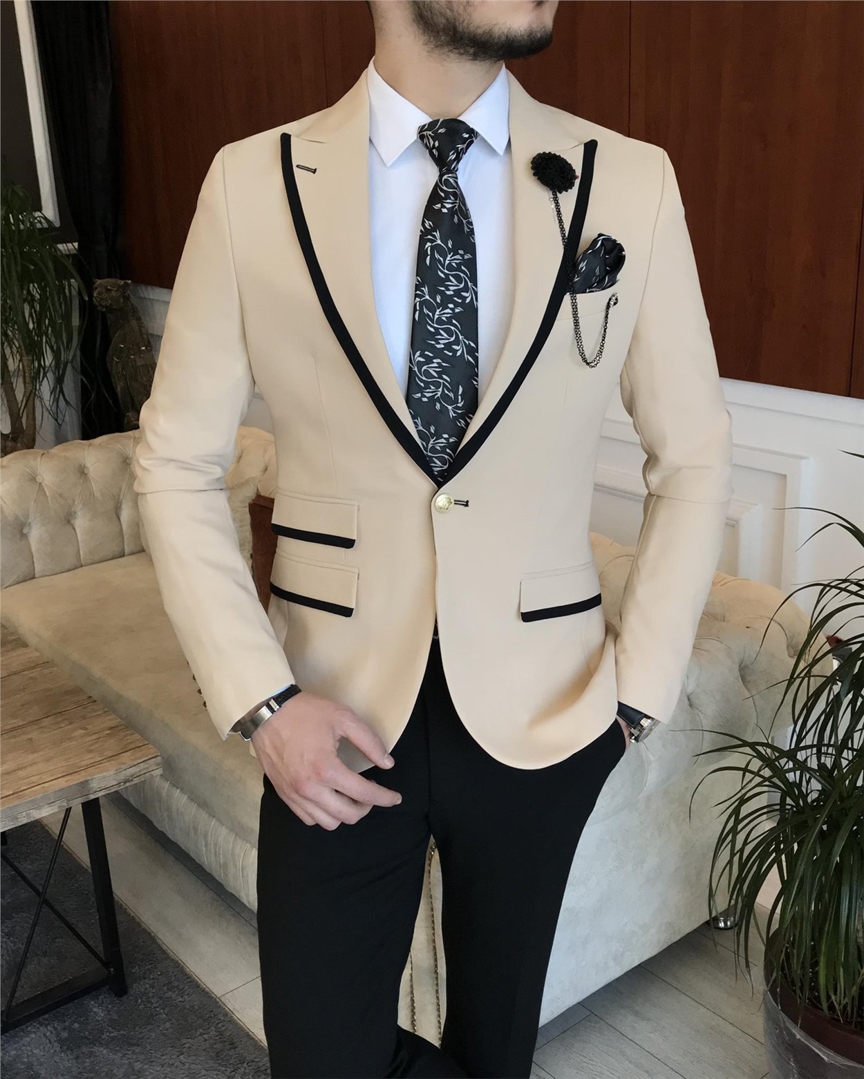 İtalyan stil erkek slim fit blazer tek ceket Krem T7229