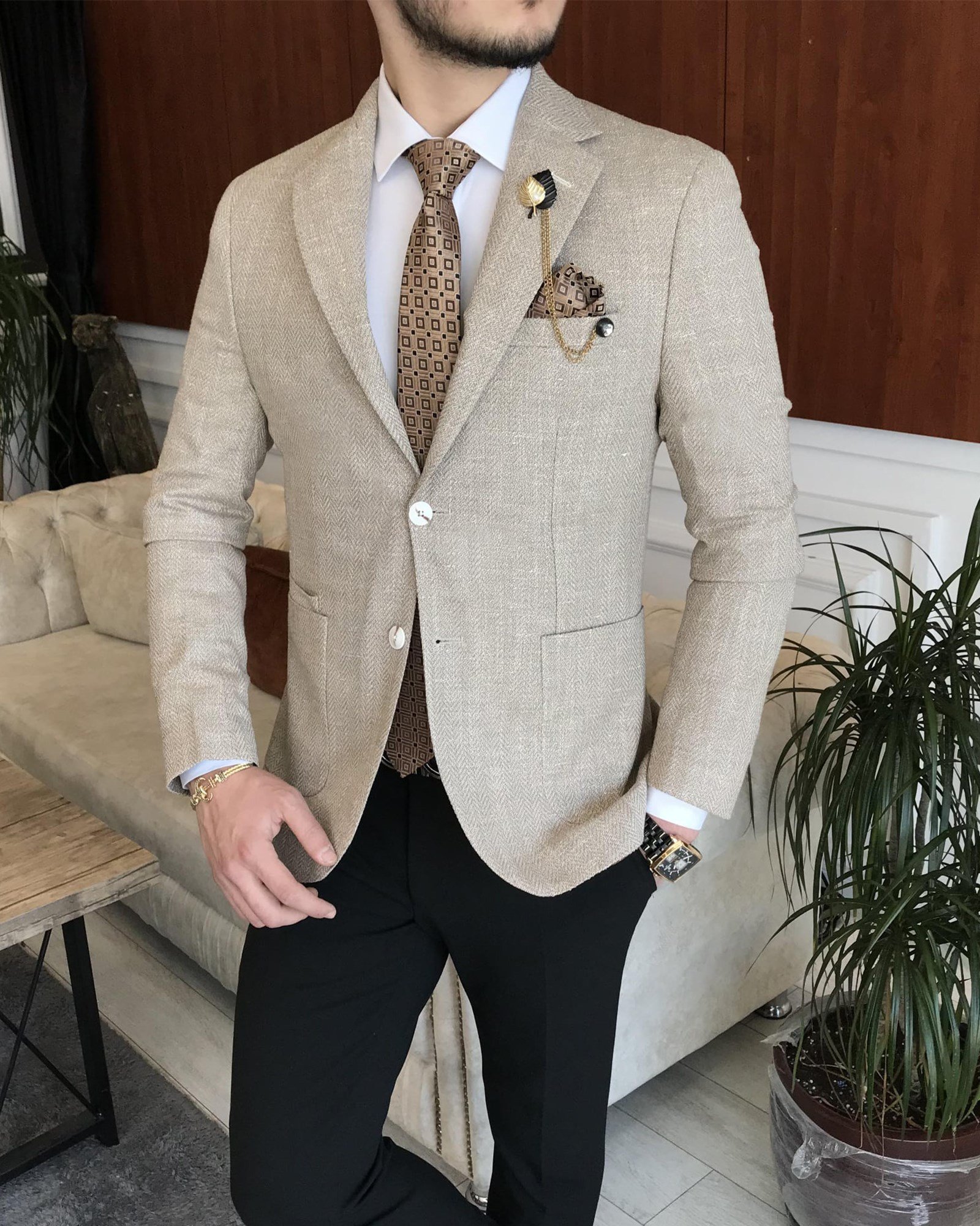 İtalyan stil erkek slim fit blazer tek ceket Kahverengi T7226