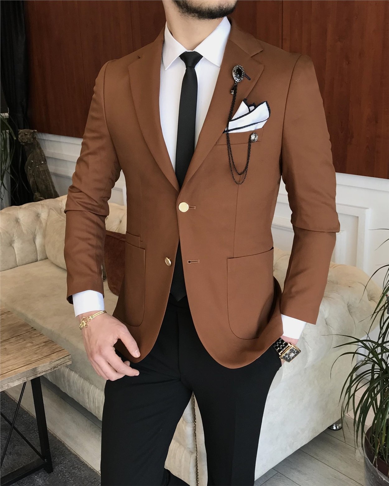 İtalyan stil erkek slim fit blazer tek ceket Kahverengi T7232