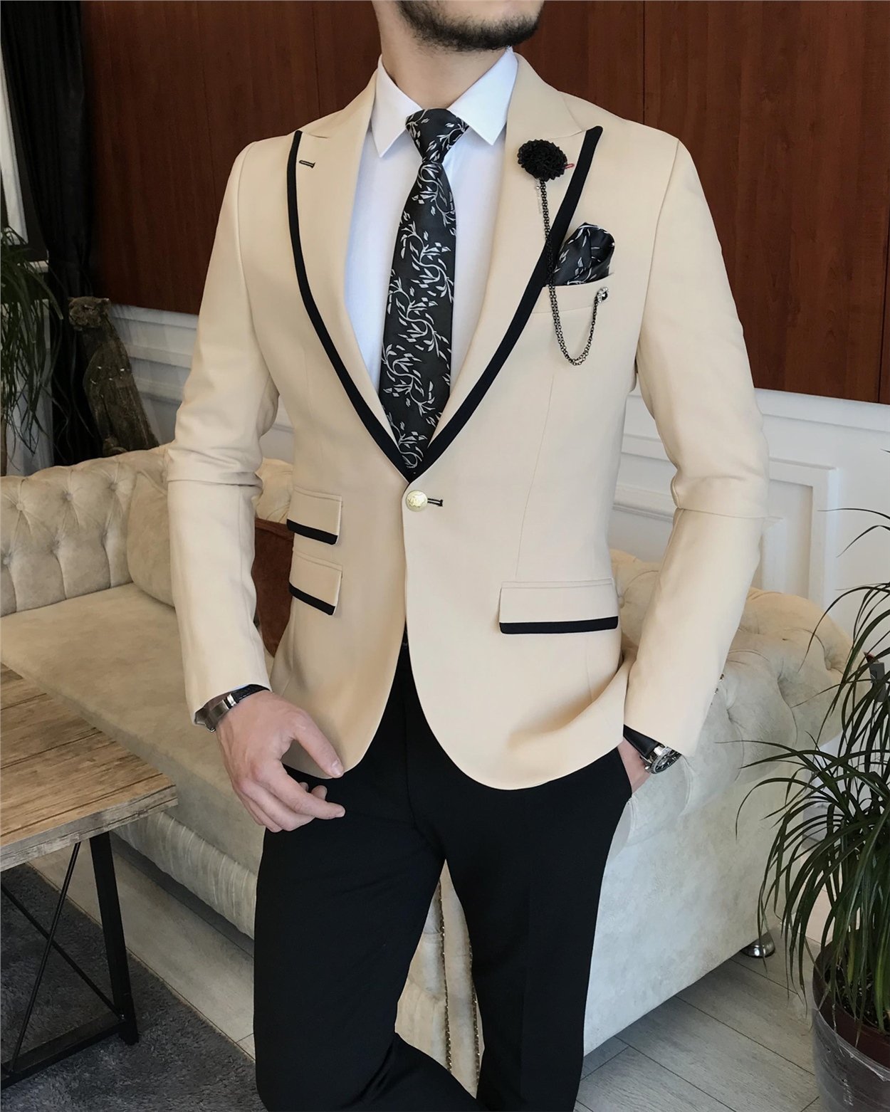 İtalyan stil erkek slim fit blazer tek ceket Krem T7229