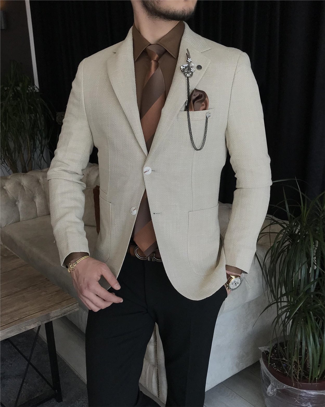 İtalyan stil erkek slim fit blazer tek ceket Krem T7235