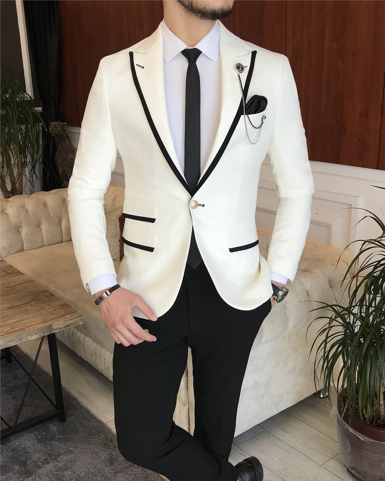 İtalyan stil erkek slim fit blazer tek ceket Kırık Beyaz T7230