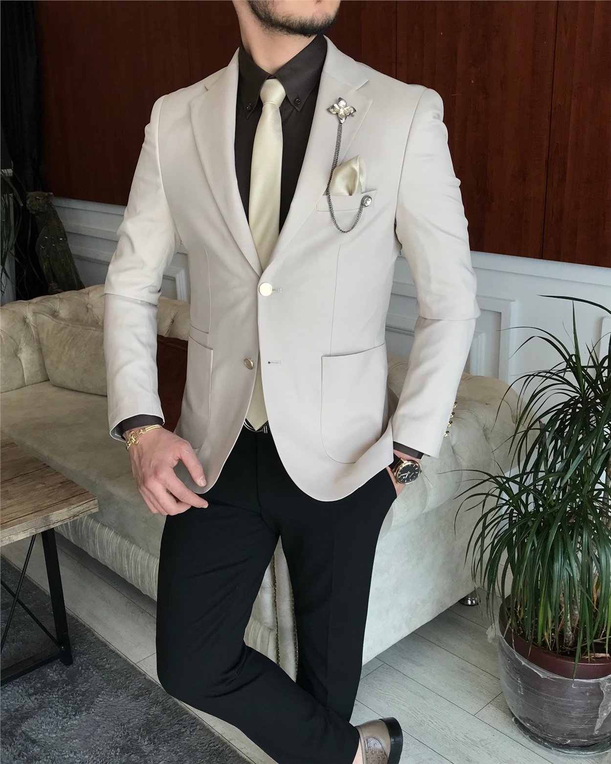 İtalyan stil erkek slim fit blazer tek ceket Krem T7235