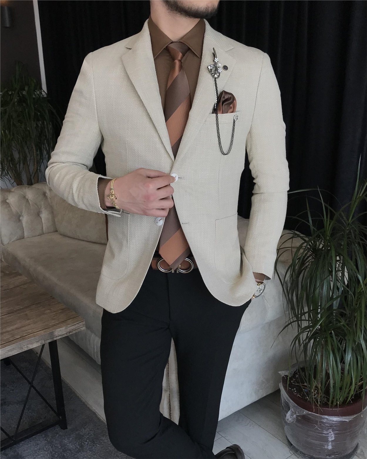 İtalyan stil erkek slim fit blazer tek ceket Krem T7235