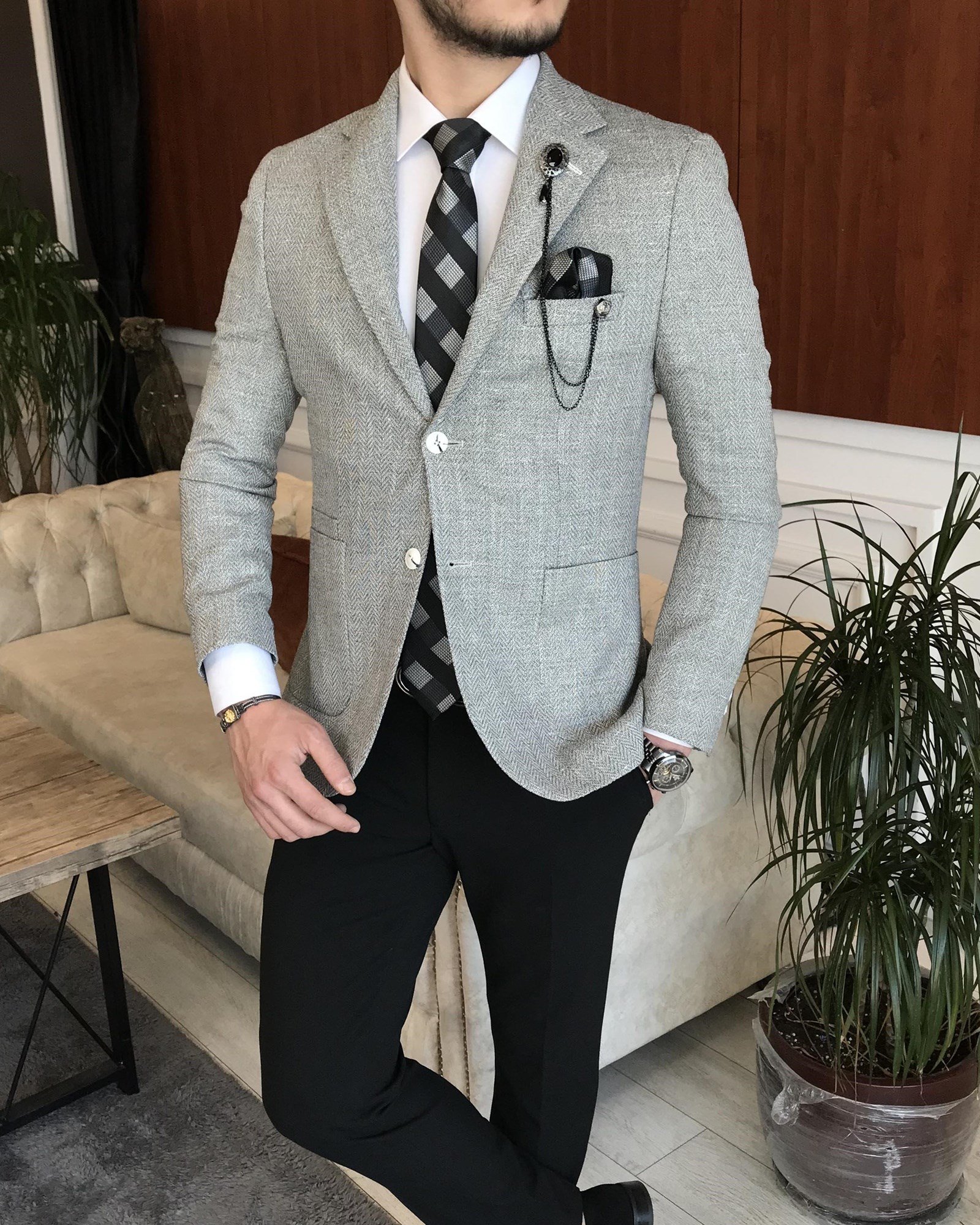 İtalyan stil erkek slim fit blazer tek ceket Gri T7227