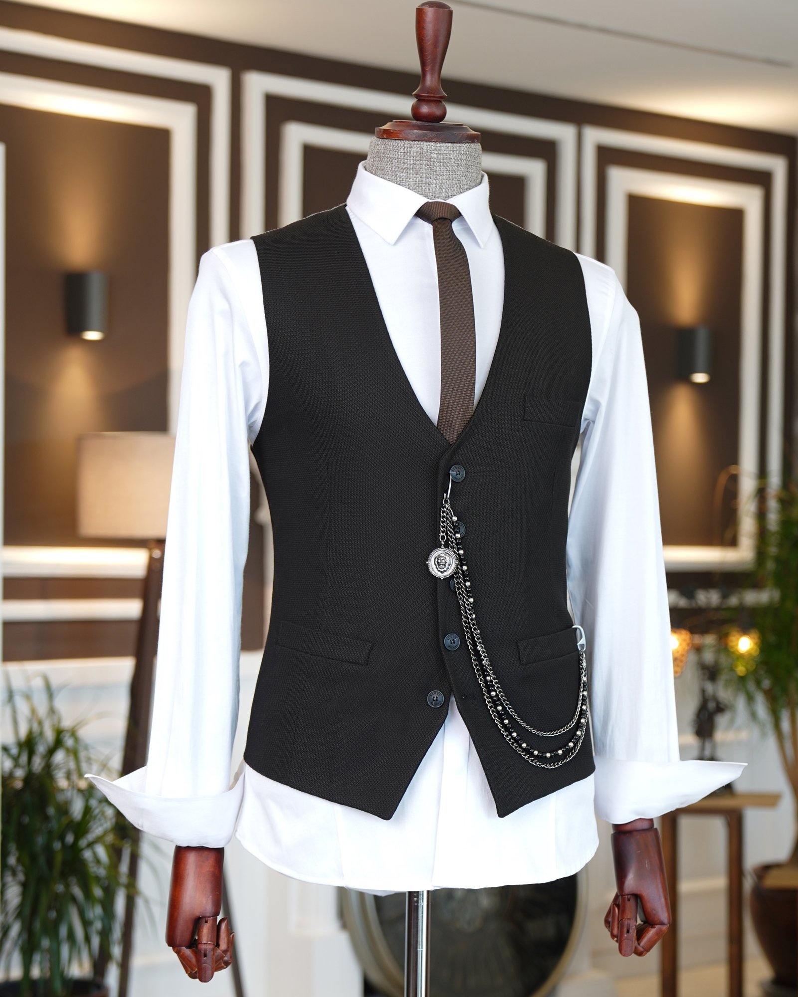 İtalyan stil erkek slim fit kahverengi cepken yelek T3841