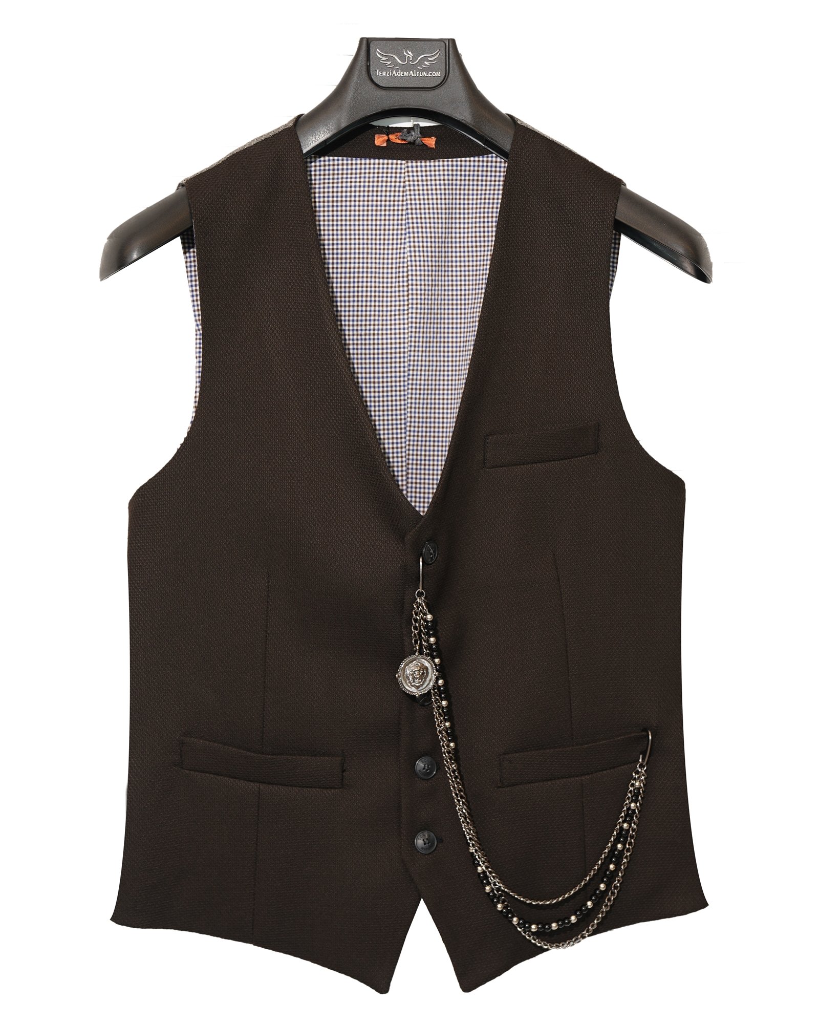 İtalyan stil erkek slim fit kahverengi cepken yelek T3841