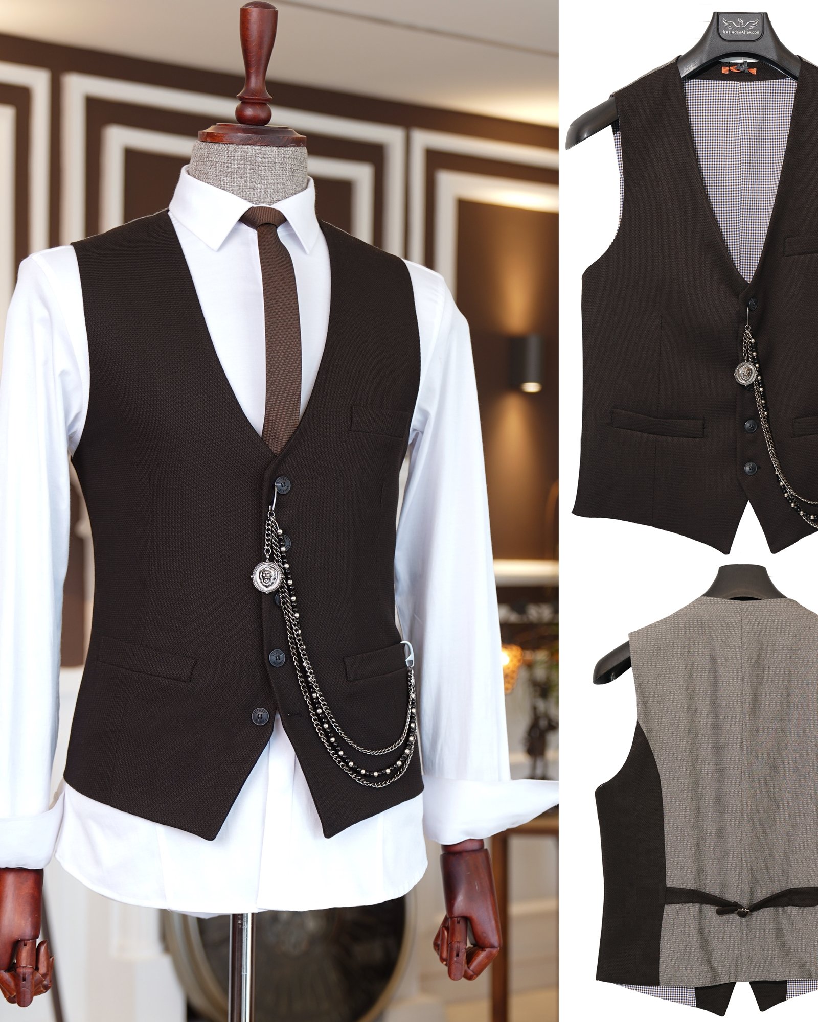 İtalyan stil erkek slim fit kahverengi cepken yelek T3841