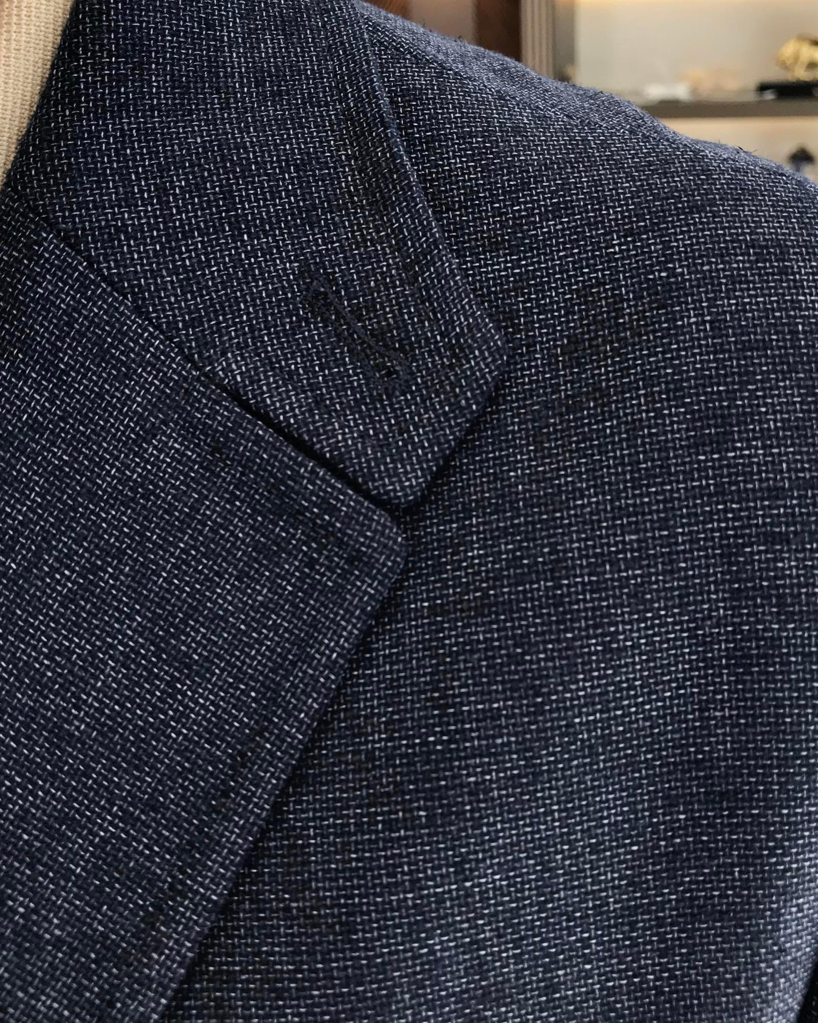 İtalyan stil erkek slim fit keten karışımlı safari ceket lacivert T9600