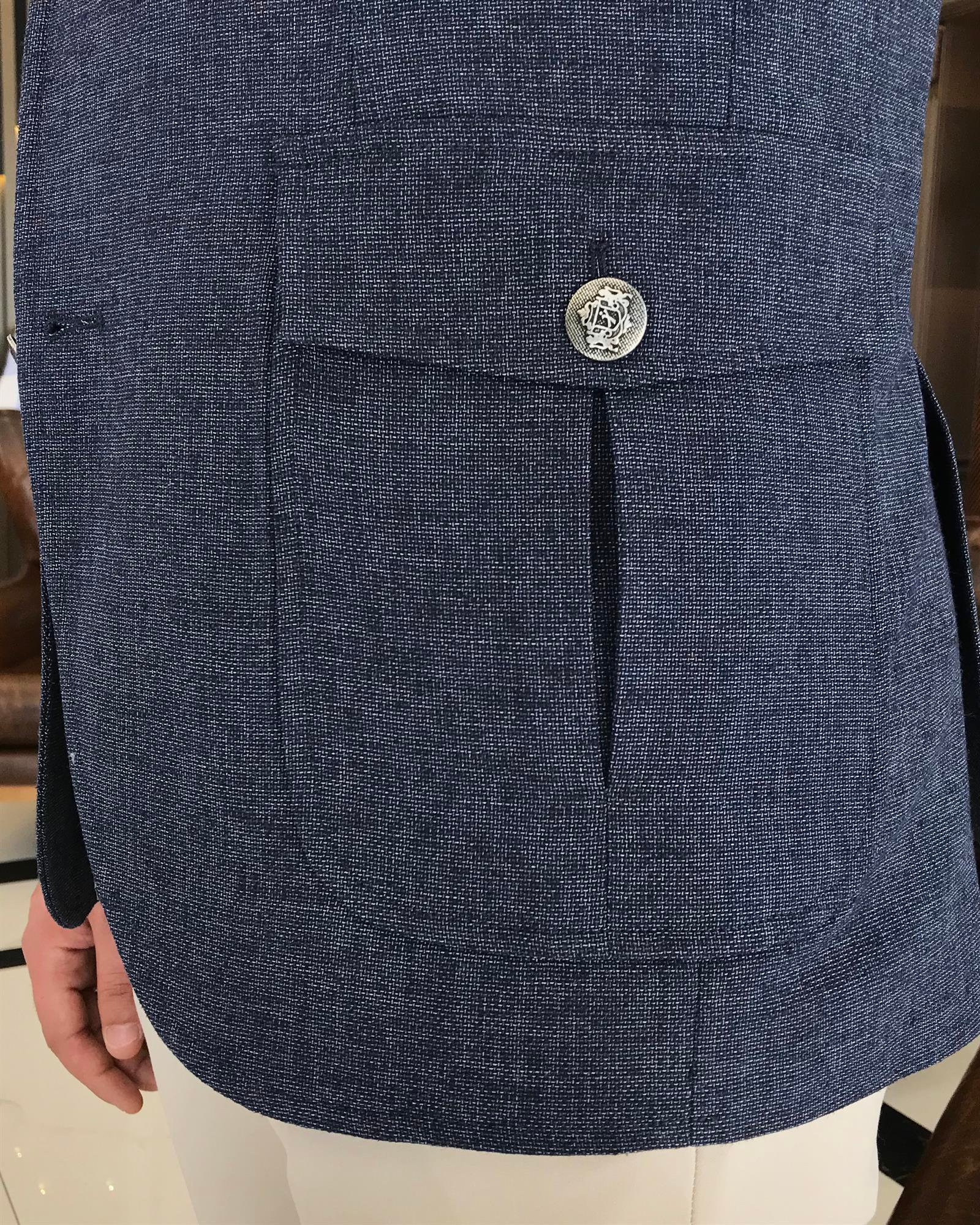 İtalyan stil erkek slim fit keten karışımlı safari ceket lacivert T9600