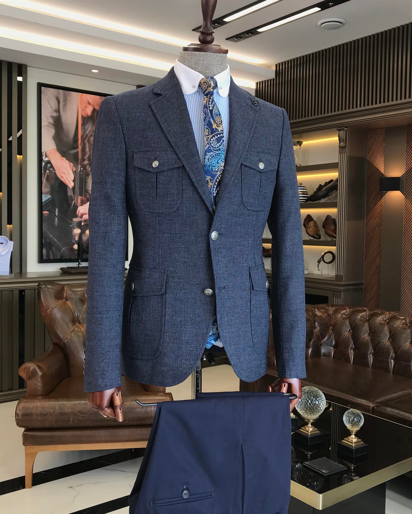 İtalyan stil erkek slim fit keten karışımlı safari ceket lacivert T9600