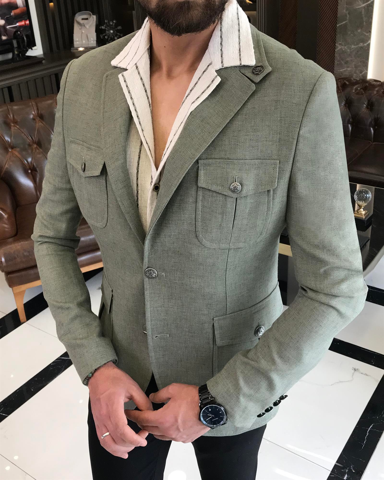 İtalyan stil erkek slim fit keten karışımlı safari ceket haki T9599