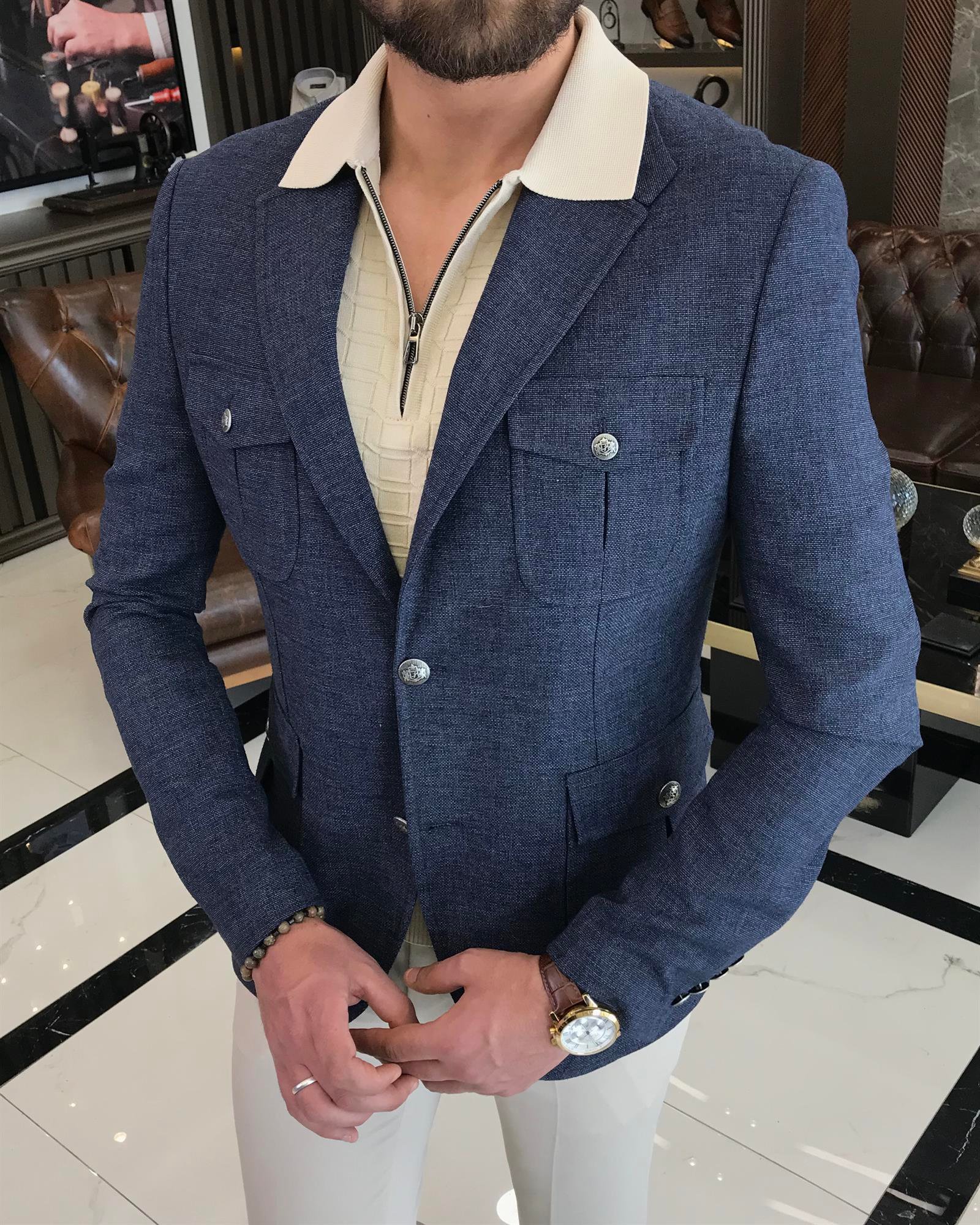 İtalyan stil erkek slim fit keten karışımlı safari ceket lacivert T9600