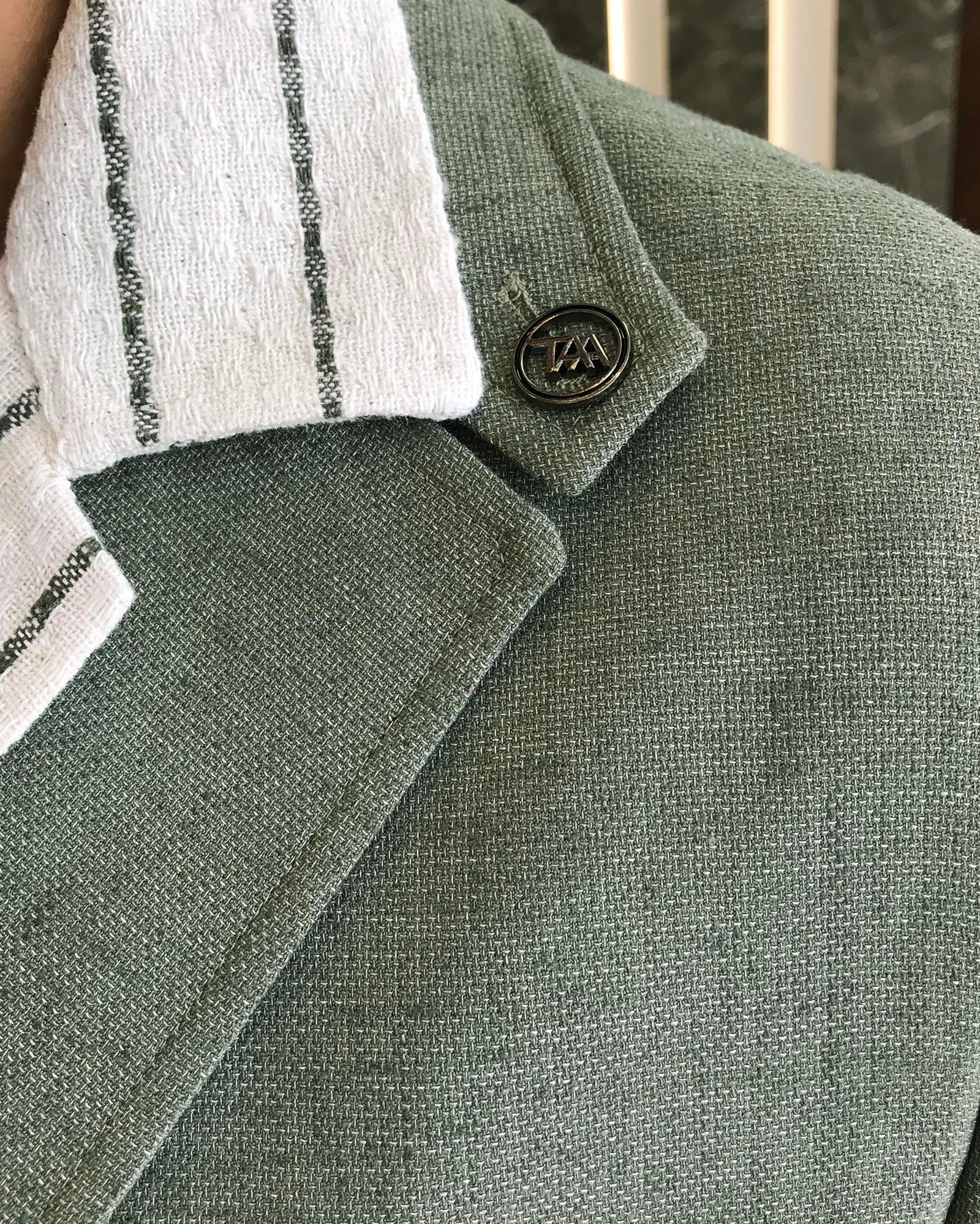 İtalyan stil erkek slim fit keten karışımlı safari ceket haki T9599