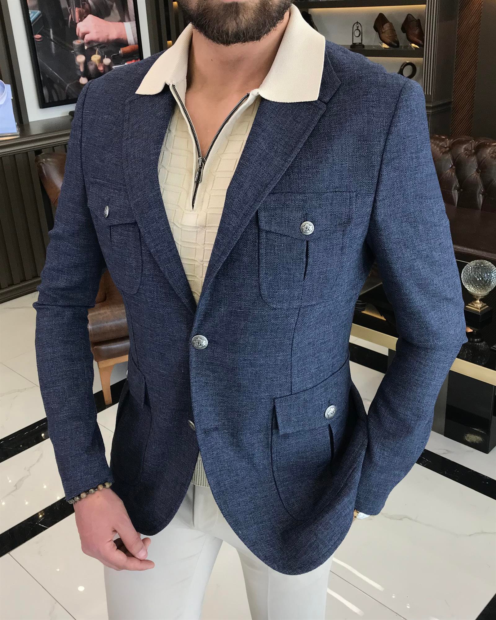 İtalyan stil erkek slim fit keten karışımlı safari ceket lacivert T9600
