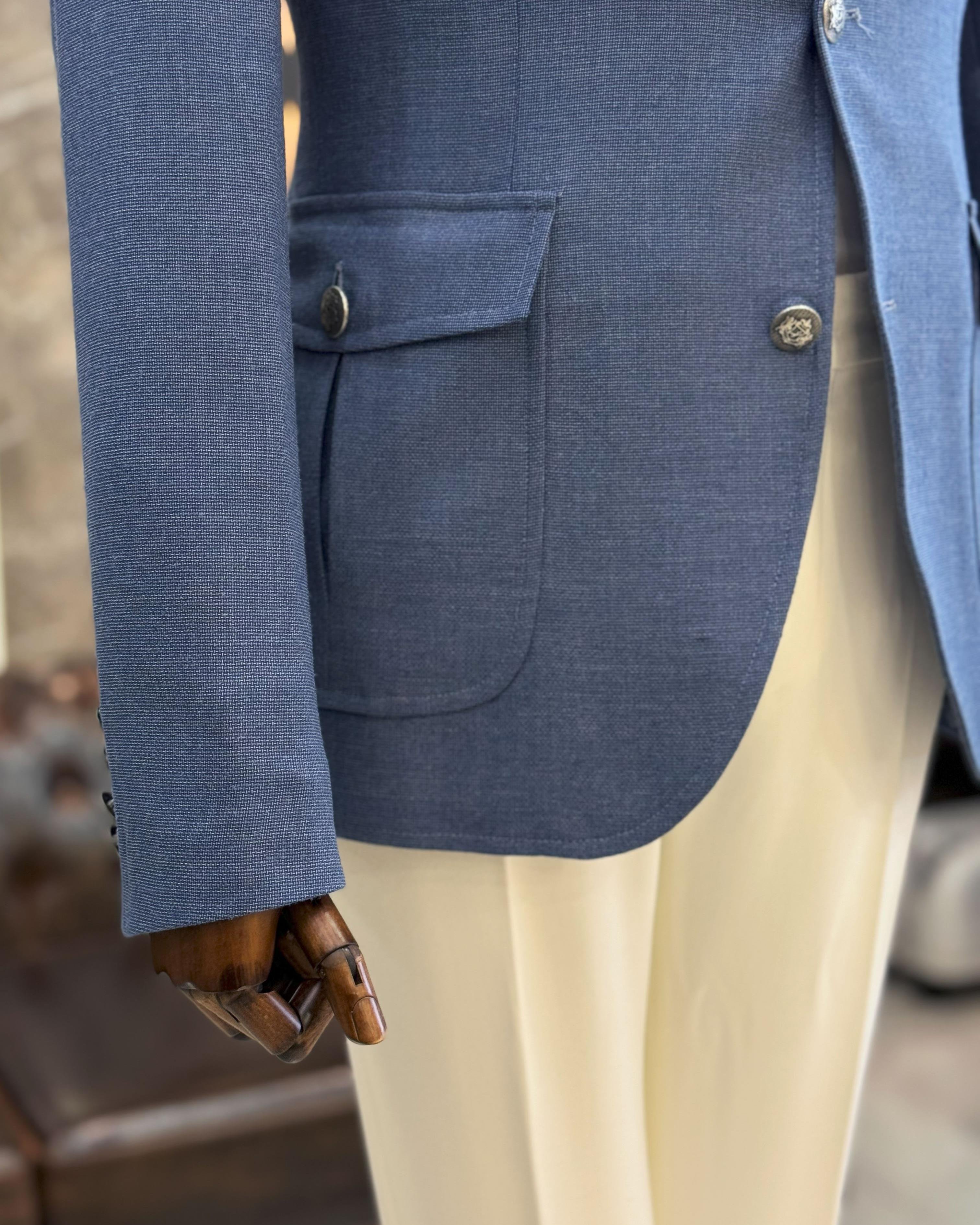 İtalyan stil erkek slim fit keten karışımlı safari ceket mavi T11990
