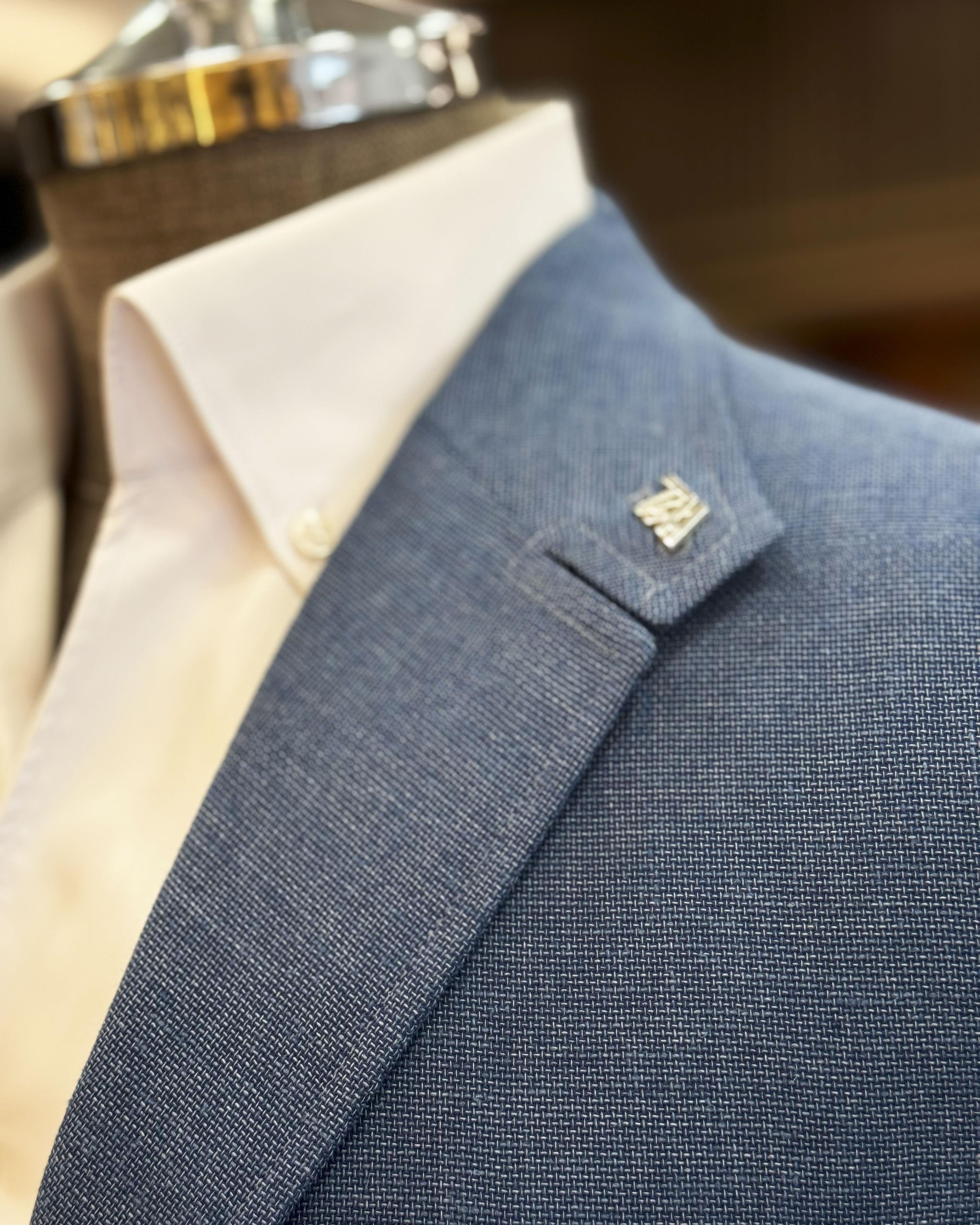 İtalyan stil erkek slim fit keten karışımlı safari ceket mavi T11990