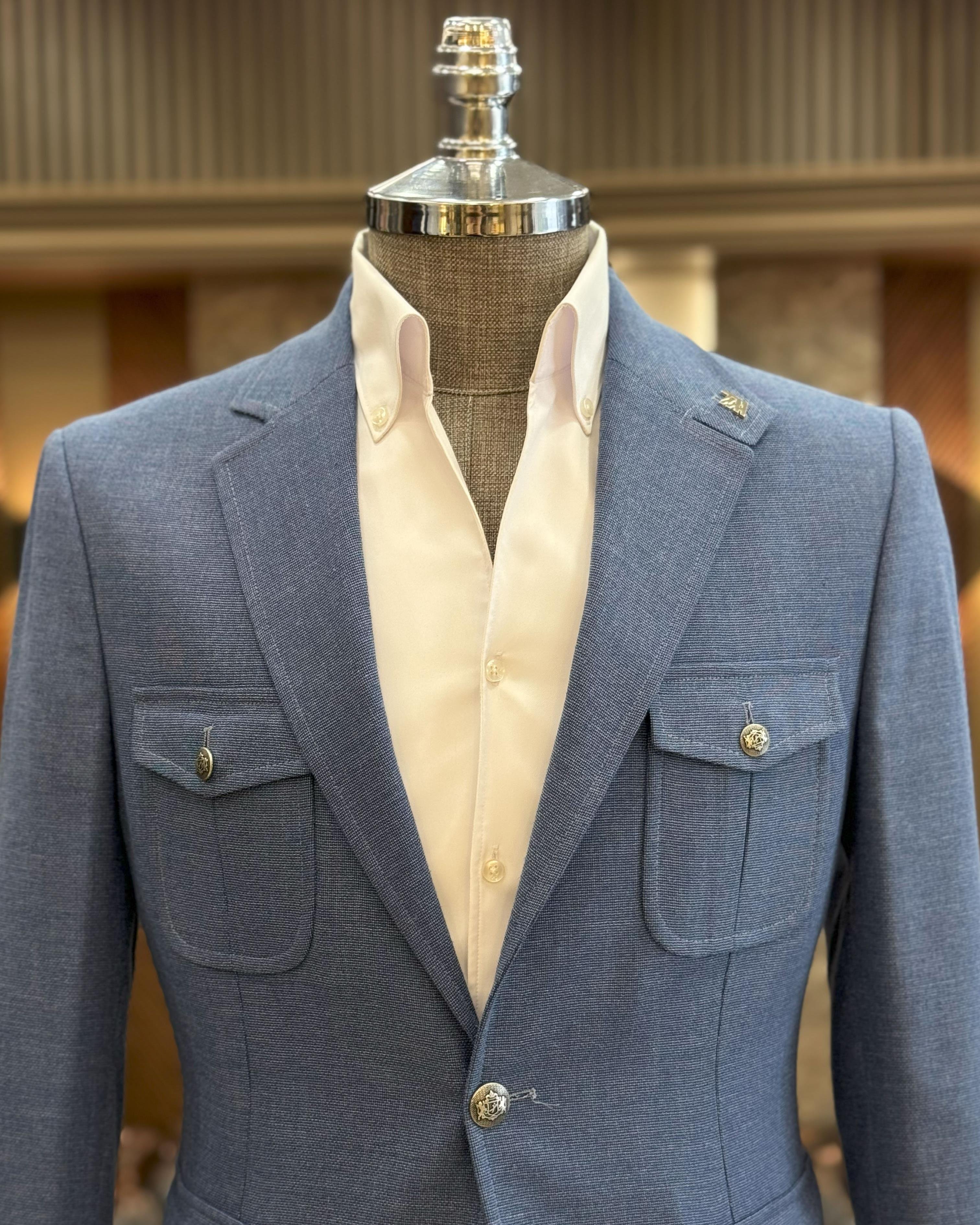 İtalyan stil erkek slim fit keten karışımlı safari ceket mavi T11990