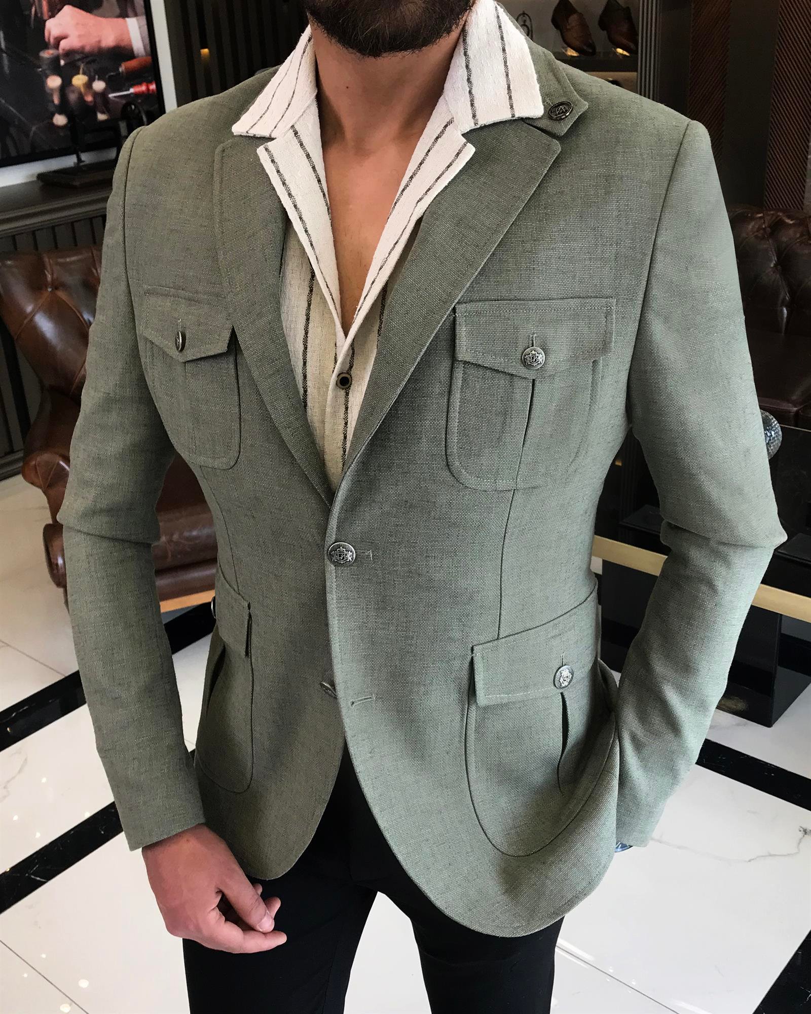 İtalyan stil erkek slim fit keten karışımlı safari ceket haki T9599