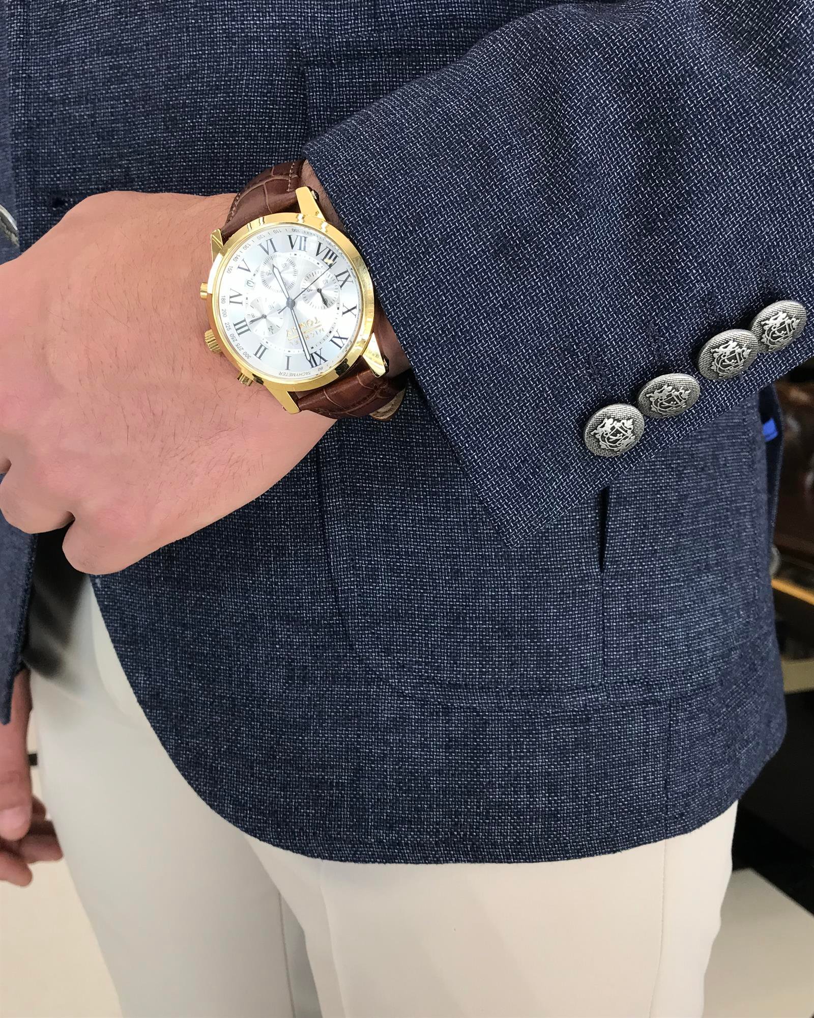 İtalyan stil erkek slim fit keten karışımlı safari ceket lacivert T9600