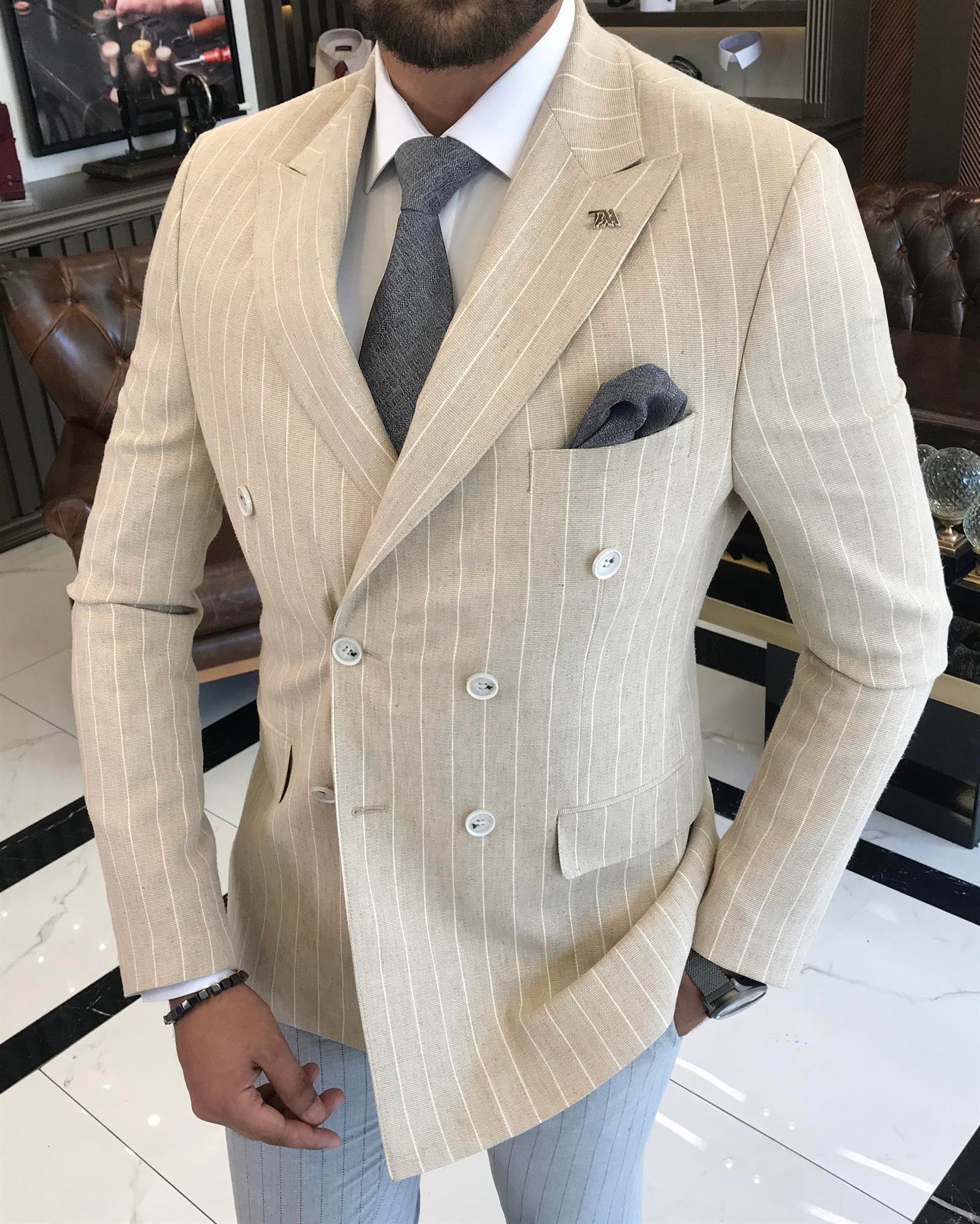 İtalyan stil erkek slim fit keten pamuk karışımlı çizgili kruvaze ceket vizon T9809