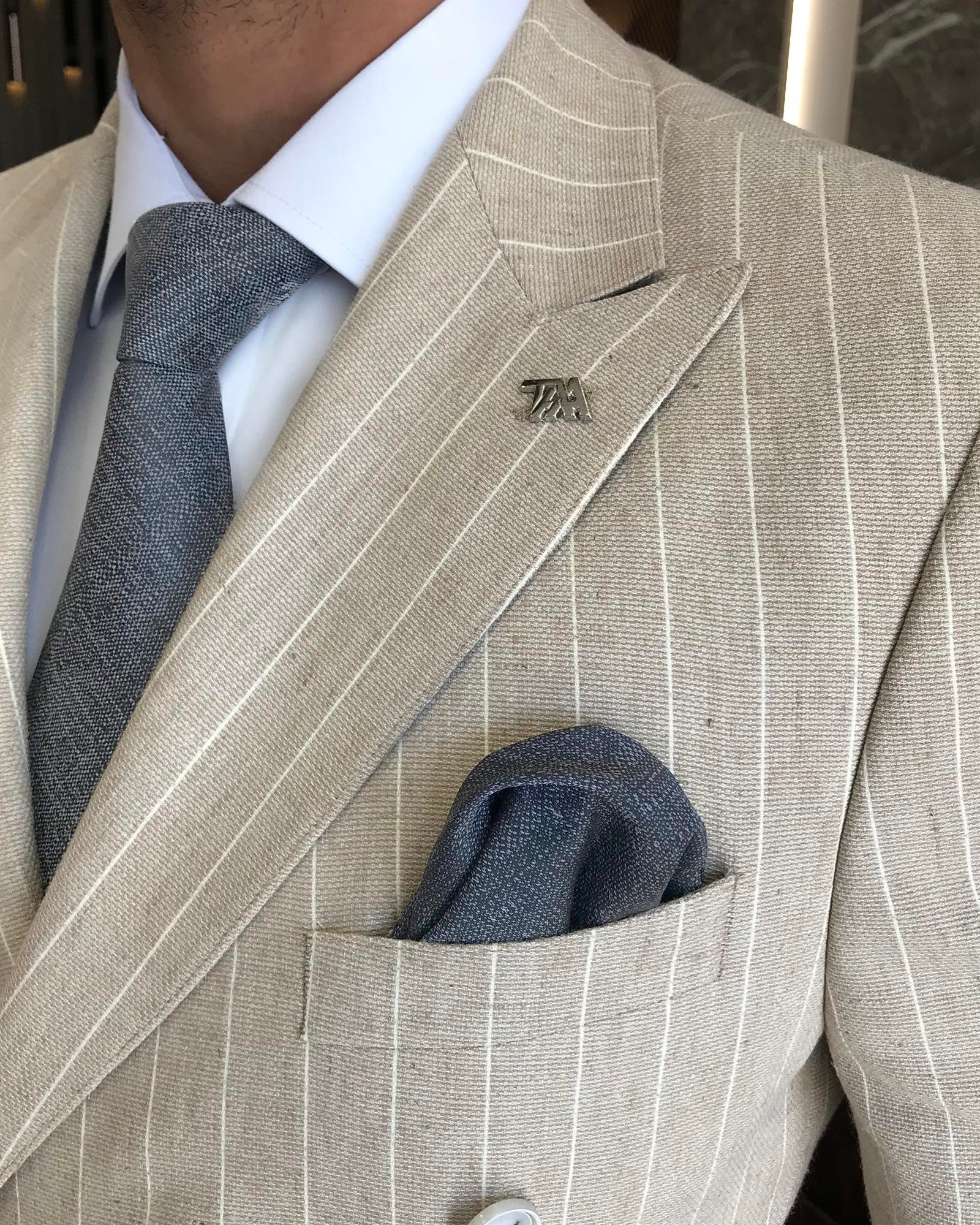 İtalyan stil erkek slim fit keten pamuk karışımlı çizgili kruvaze ceket vizon T9809