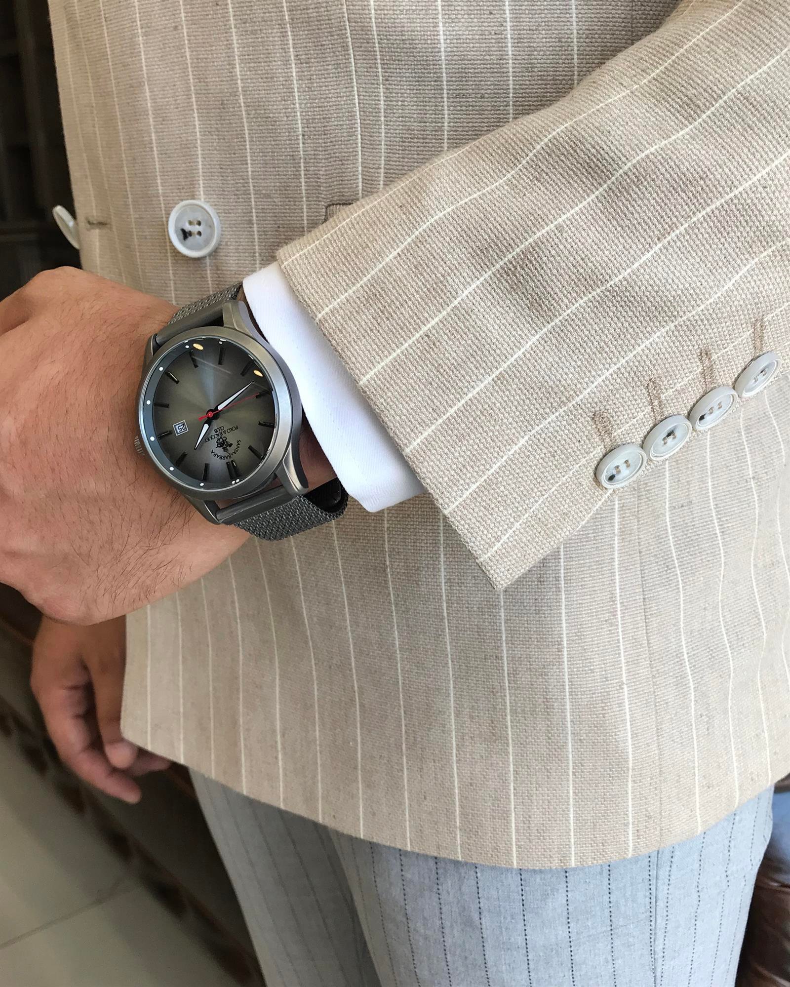 İtalyan stil erkek slim fit keten pamuk karışımlı çizgili kruvaze ceket vizon T9809