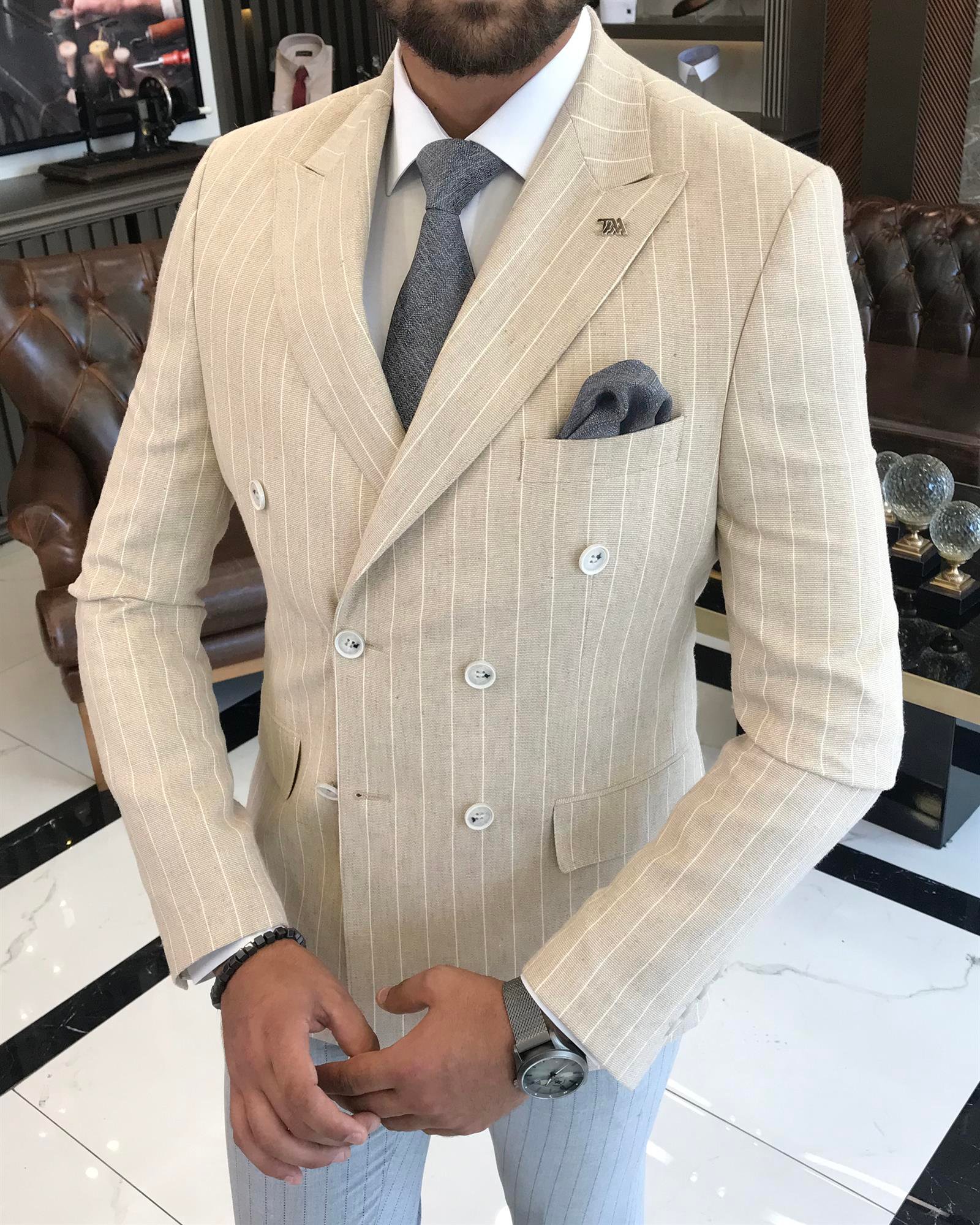İtalyan stil erkek slim fit keten pamuk karışımlı çizgili kruvaze ceket vizon T9809
