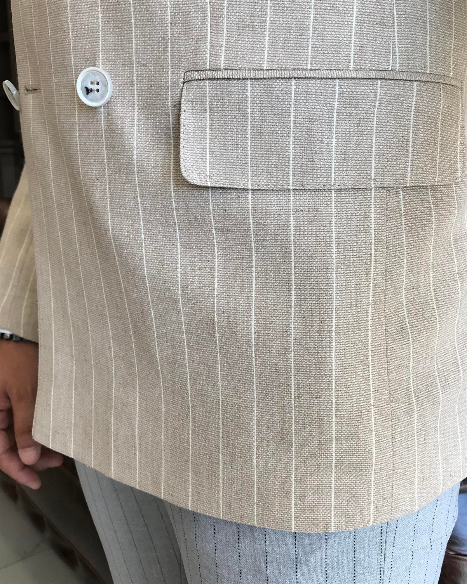İtalyan stil erkek slim fit keten pamuk karışımlı çizgili kruvaze ceket vizon T9809